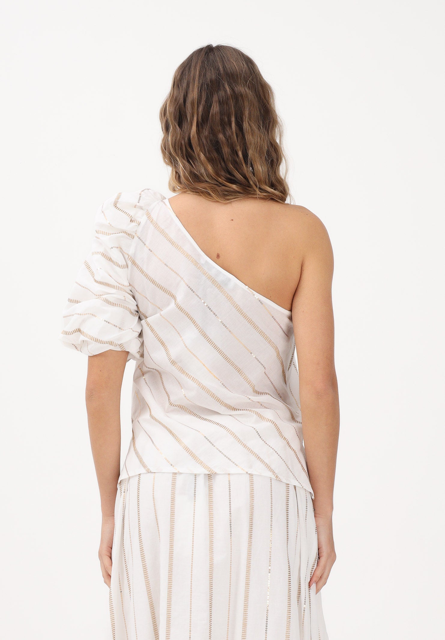 SIMONA CORSELLINI Top monospalla bianco da donna con delicate righe verticali con filo lurex P26CPTOC0101 V0001 SIMONA CORSELLINI