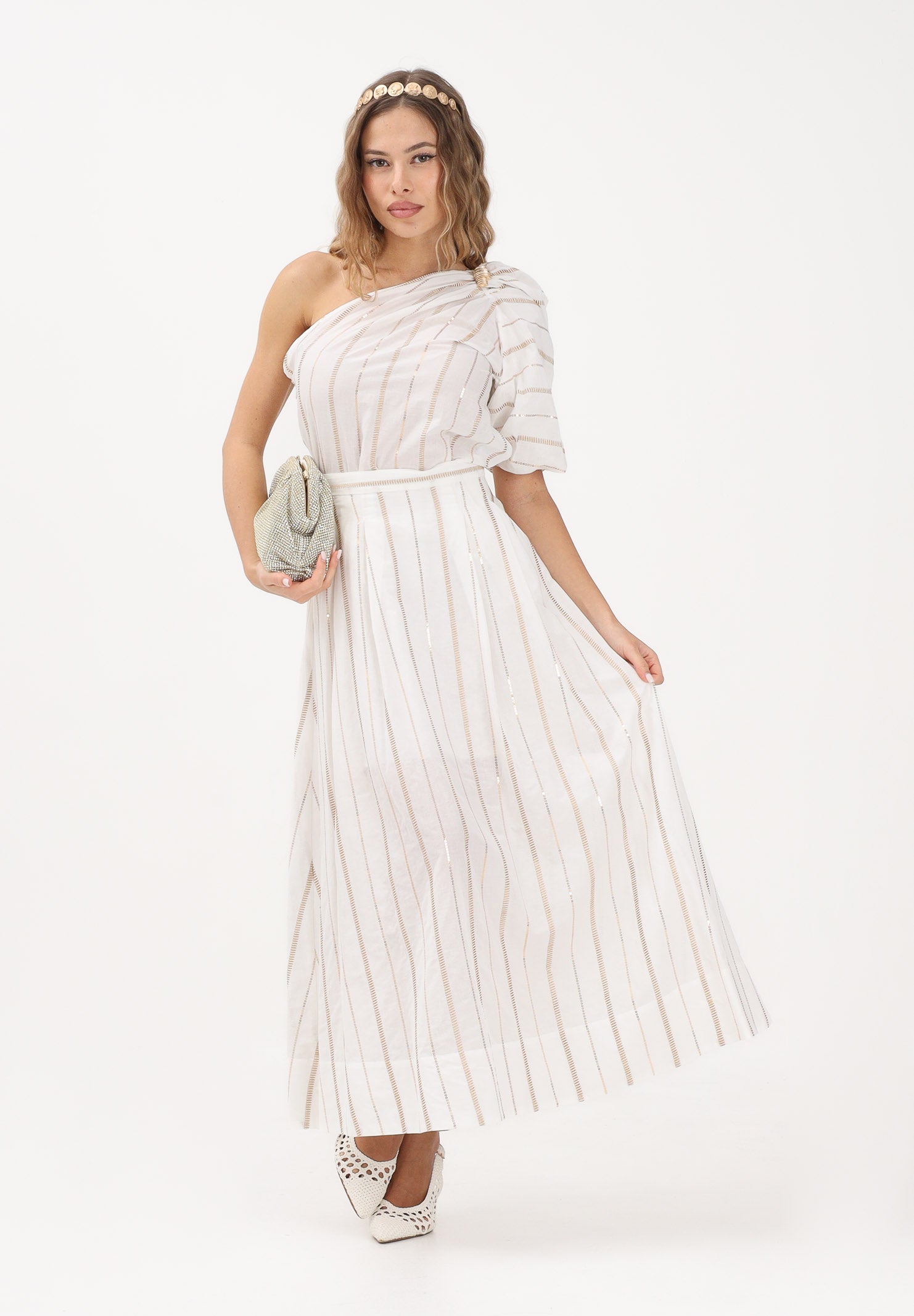 SIMONA CORSELLINI Top monospalla bianco da donna con delicate righe verticali con filo lurex P26CPTOC0101 V0001 SIMONA CORSELLINI