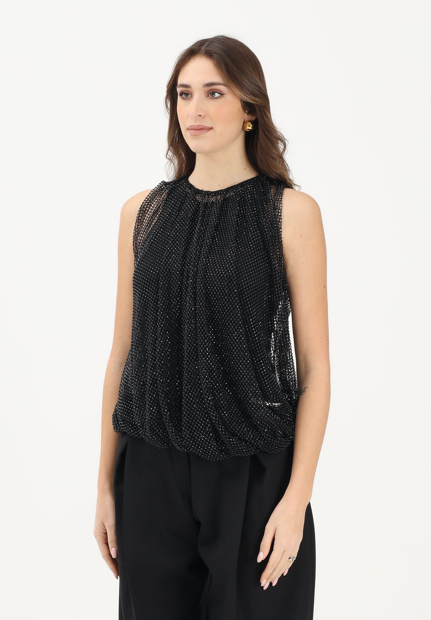 SPORTMAX Canotta SPXNODO nera da donna in rete con strass 2612941061600 002 SPORTMAX