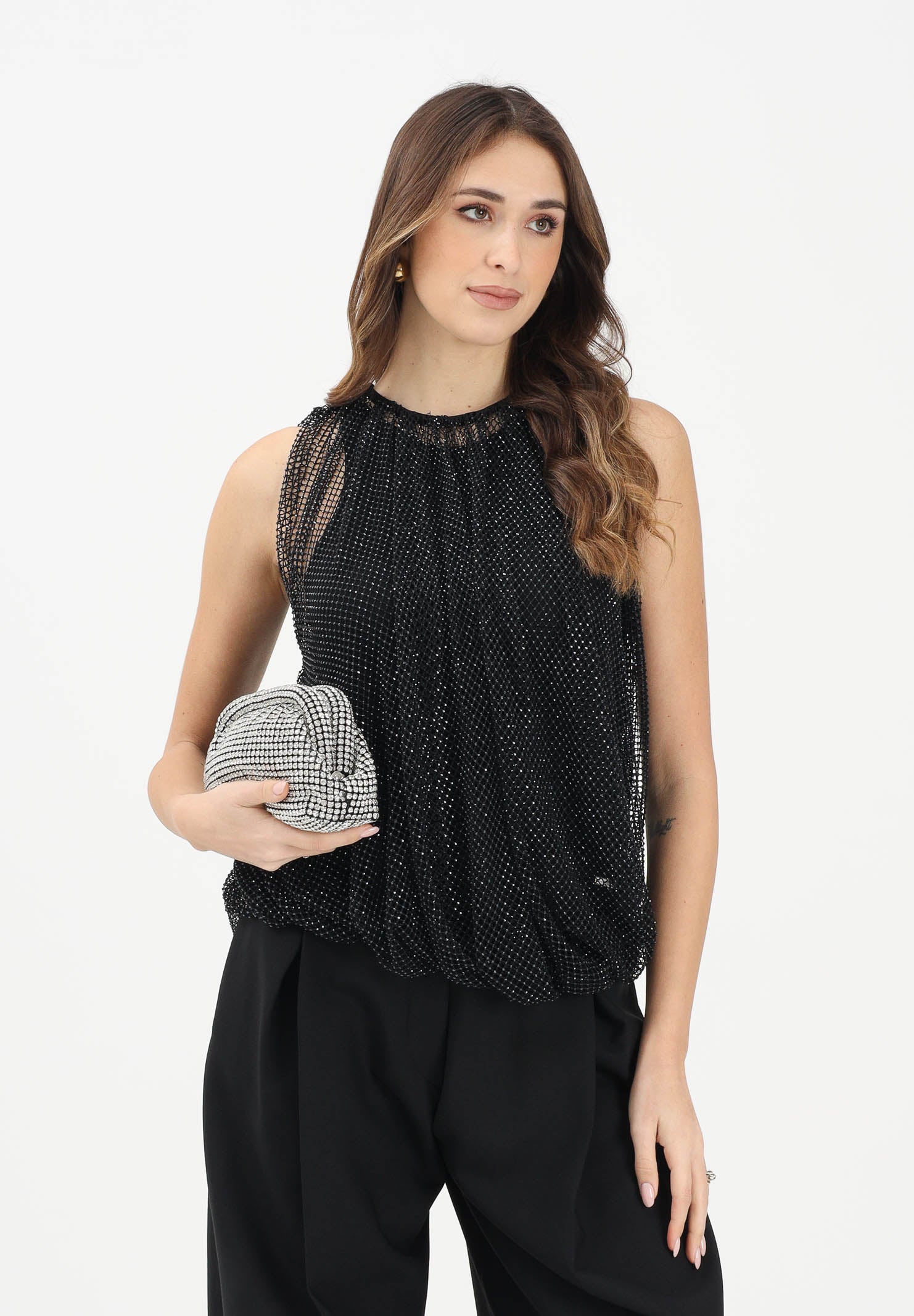 SPORTMAX Canotta SPXNODO nera da donna in rete con strass 2612941061600 002 SPORTMAX