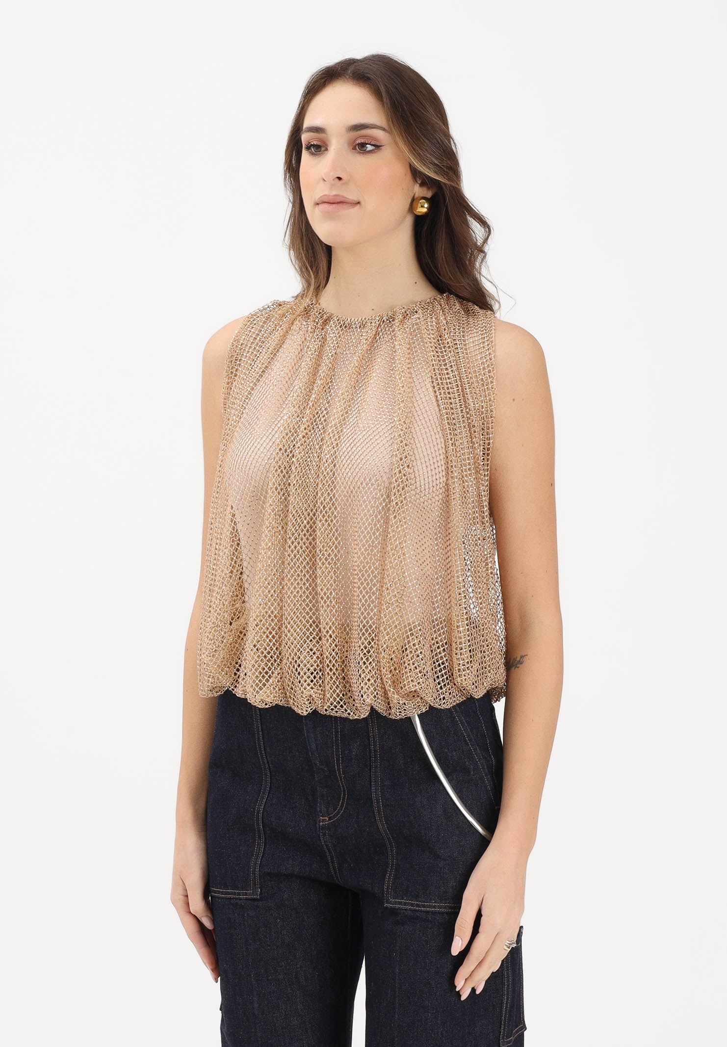 SPORTMAX Canotta SPXNODO oro da donna in rete con strass 2612941061600 003 SPORTMAX