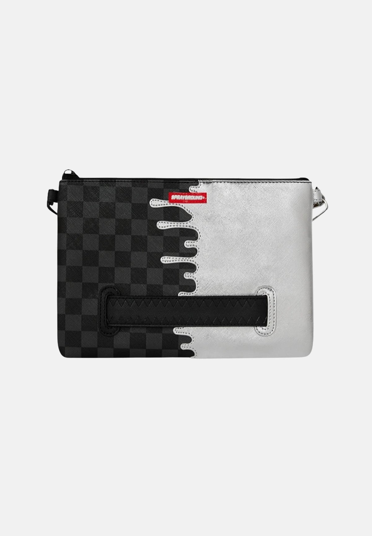 SPRAYGROUND Pochette Silver Side Drip Black Check Shark argento e nera per uomo e donna in eco-pelle 910B8929NSZ . SPRAYGROUND