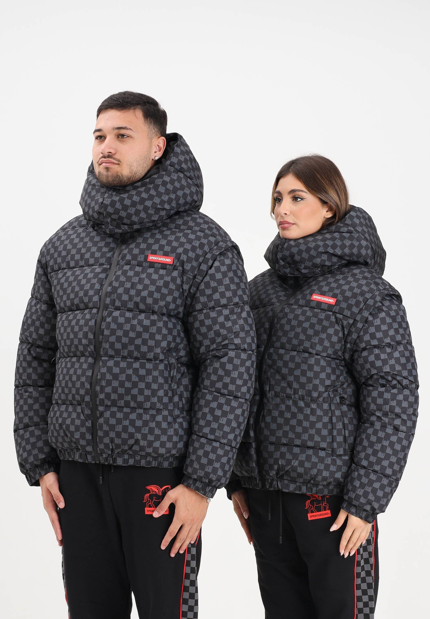 SPRAYGROUND Piumino Drip Check grigio e nero per uomo e donna SP748GRY . SPRAYGROUND