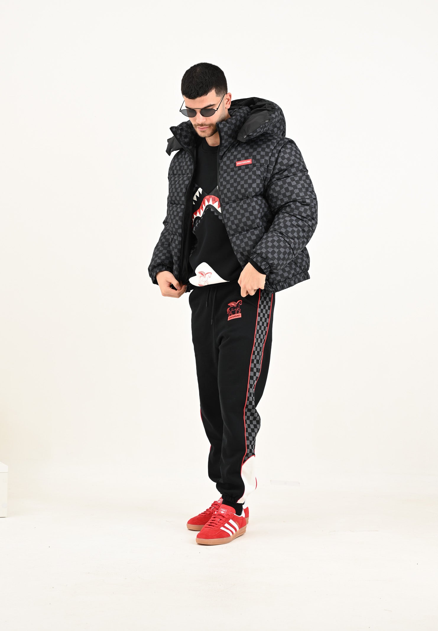 SPRAYGROUND Piumino Drip Check grigio e nero per uomo e donna SP748GRY . SPRAYGROUND