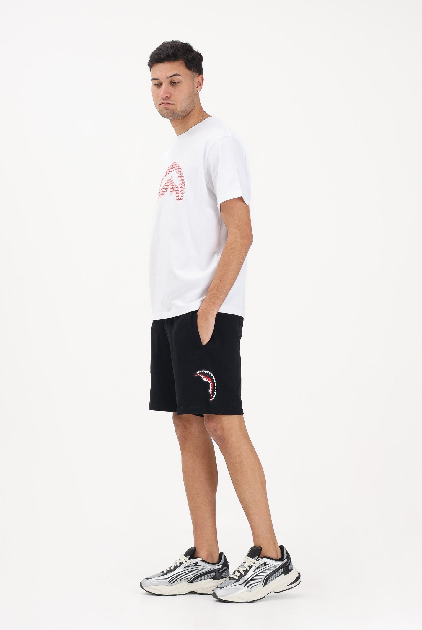 SPRAYGROUND Shorts sportivo nero da uomo con grafica Shark SP855EBLK . SPRAYGROUND