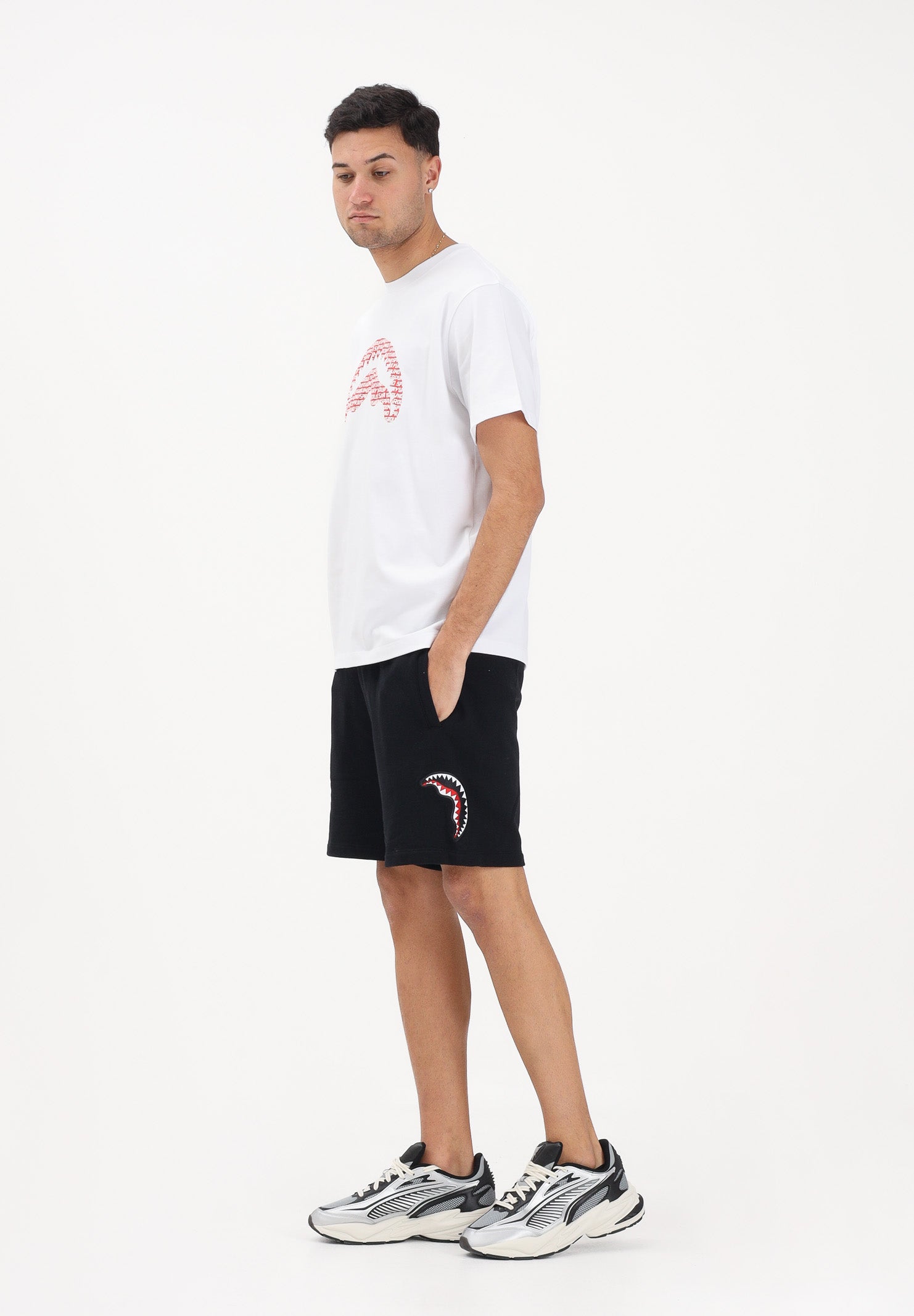 SPRAYGROUND Shorts sportivo nero da uomo con grafica Shark SP855EBLK . SPRAYGROUND