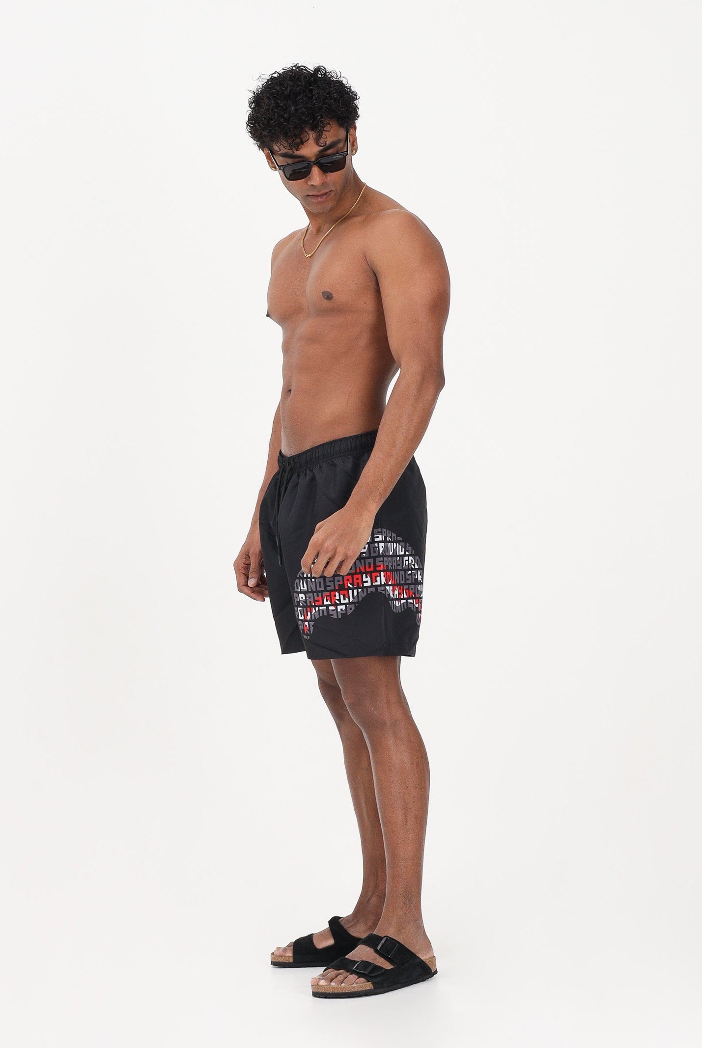SPRAYGROUND Shorts mare nero da uomo con stampa shark laterale SP917BLK . SPRAYGROUND