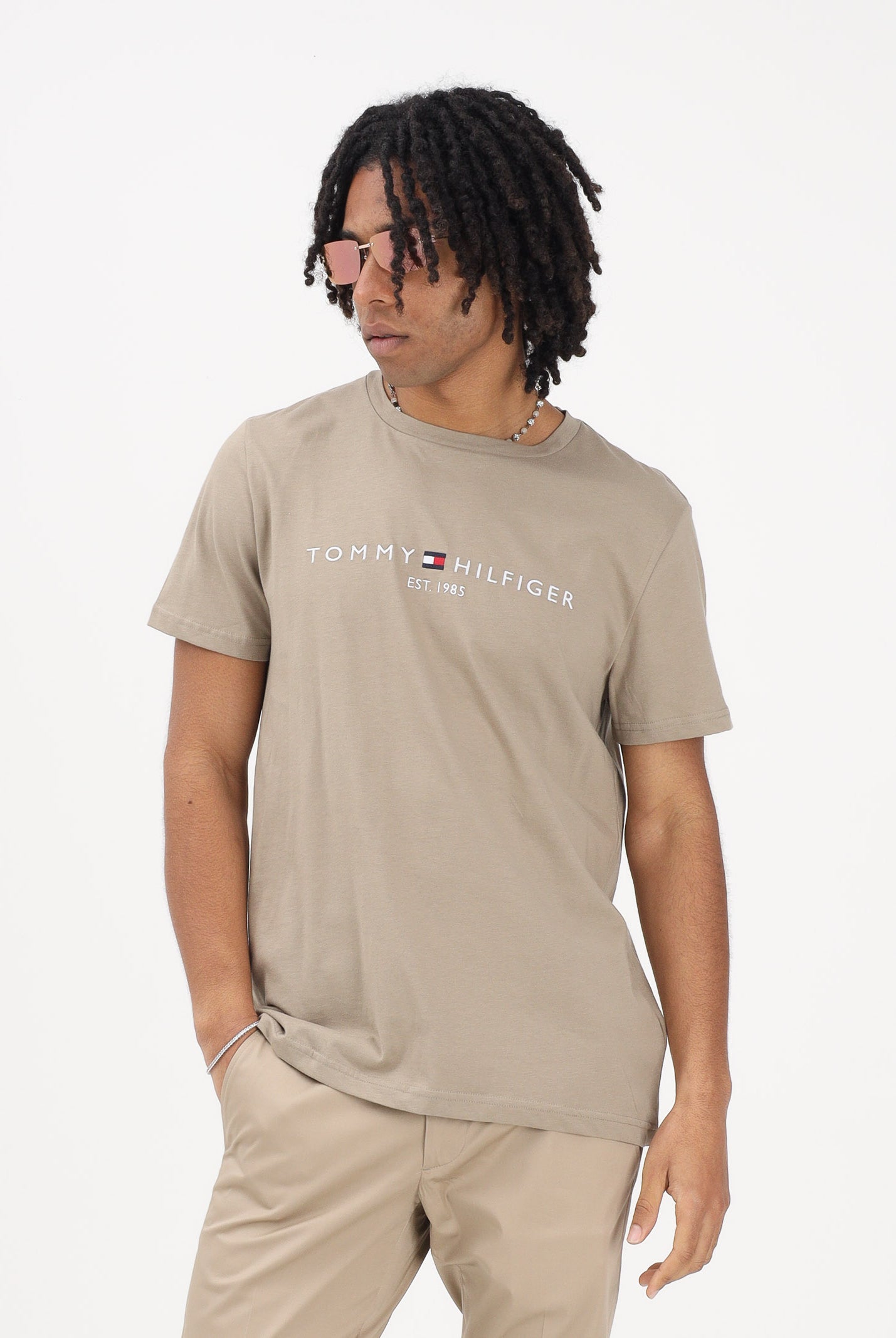 TOMMY HILFIGER T-shirt a manica corta beige da uomo con logo MW0MW11797 M03 TOMMY HILFIGER