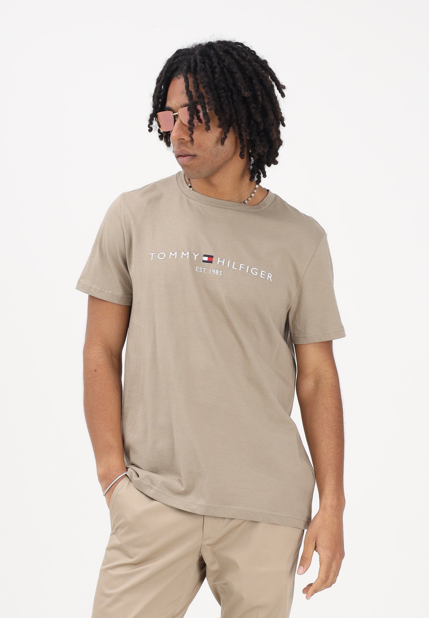 TOMMY HILFIGER T-shirt a manica corta beige da uomo con logo MW0MW11797 M03 TOMMY HILFIGER