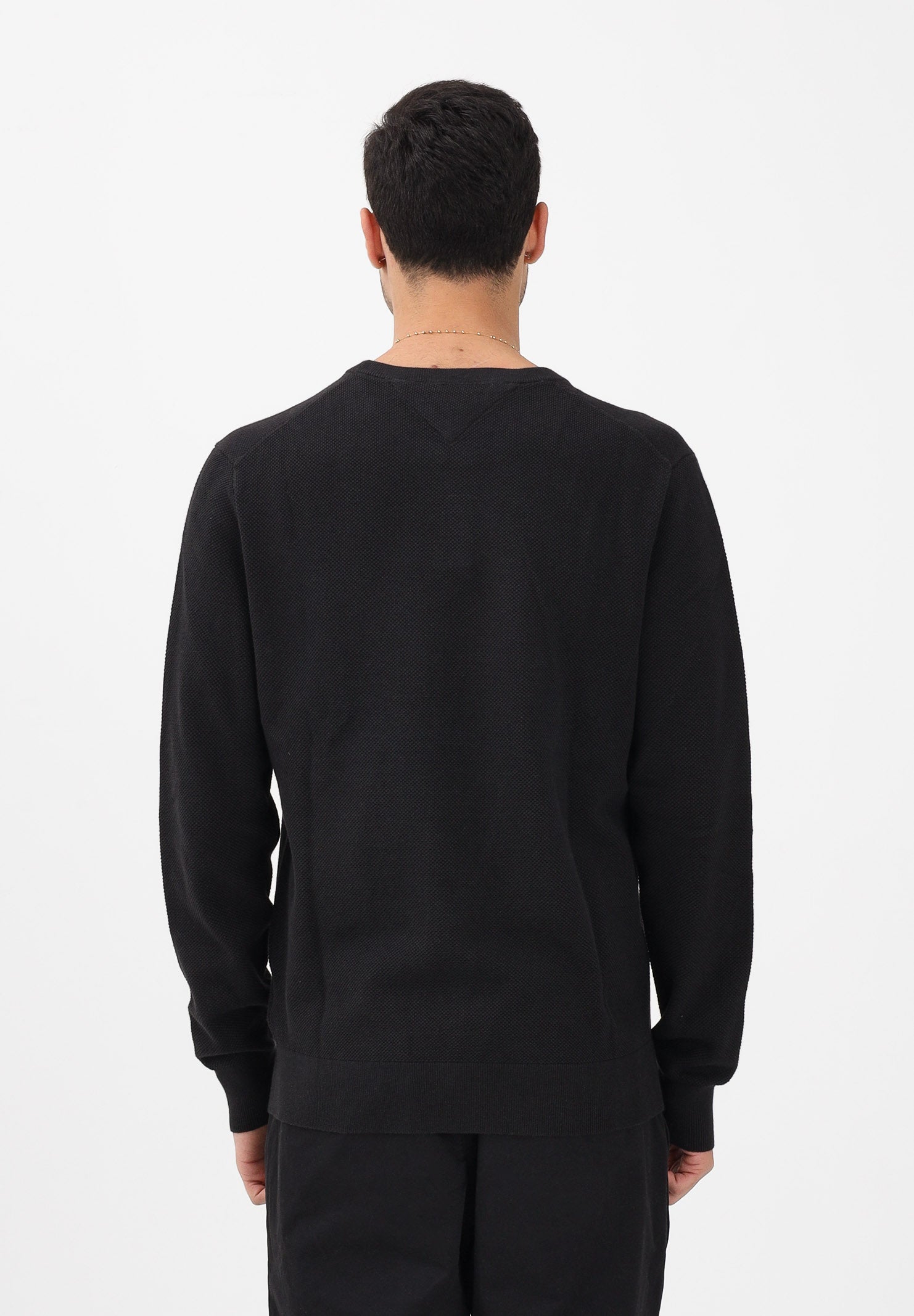 TOMMY HILFIGER Maglioncino girocollo nero da uomo con ricamo bandierina MW0MW36347 BDS TOMMY HILFIGER