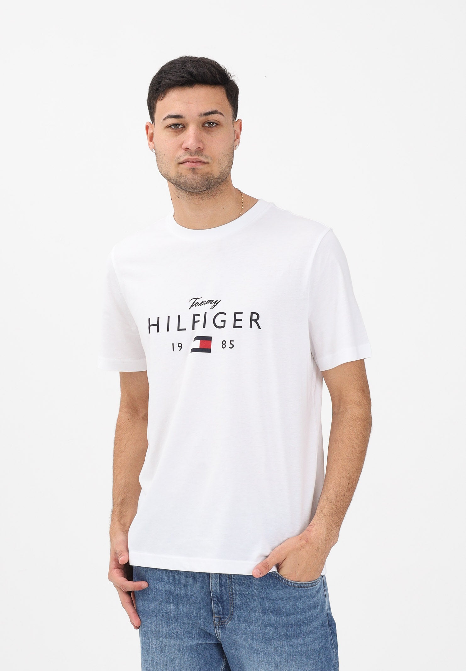 TOMMY HILFIGER T-shirt a manica corta bianca da uomo con logo MW0MW41455 YBR TOMMY HILFIGER