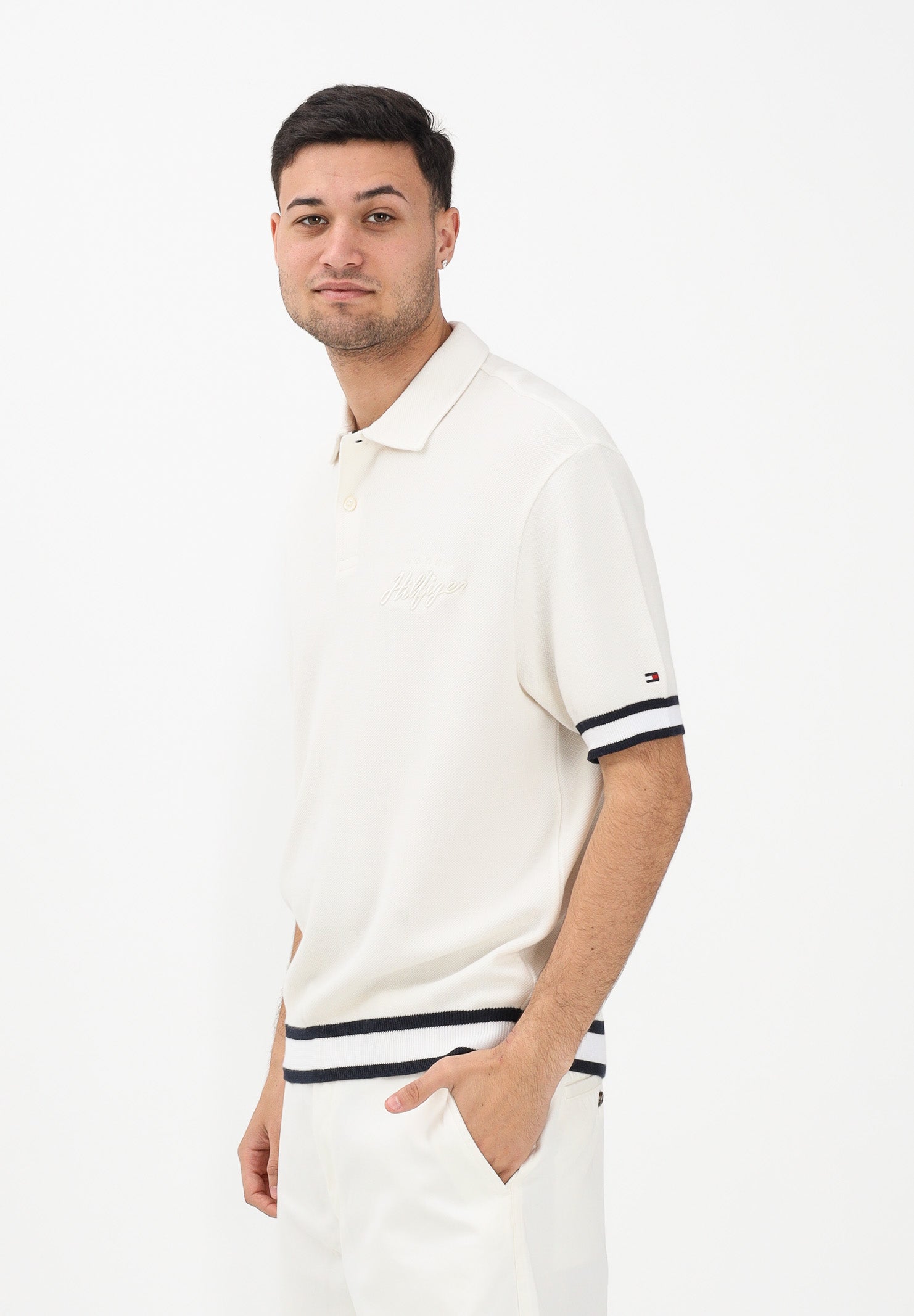 TOMMY HILFIGER Polo a manica corta panna da uomo con ricamo logo MW0MW41620 Z00 TOMMY HILFIGER