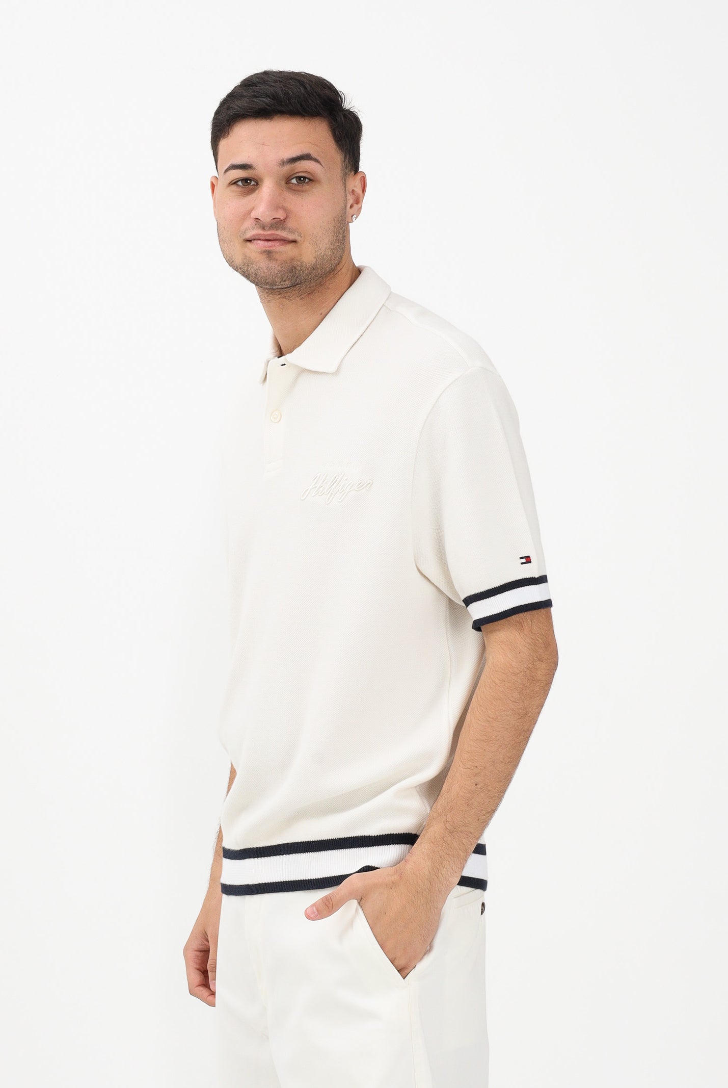 TOMMY HILFIGER Polo a manica corta panna da uomo con ricamo logo MW0MW41620 Z00 TOMMY HILFIGER
