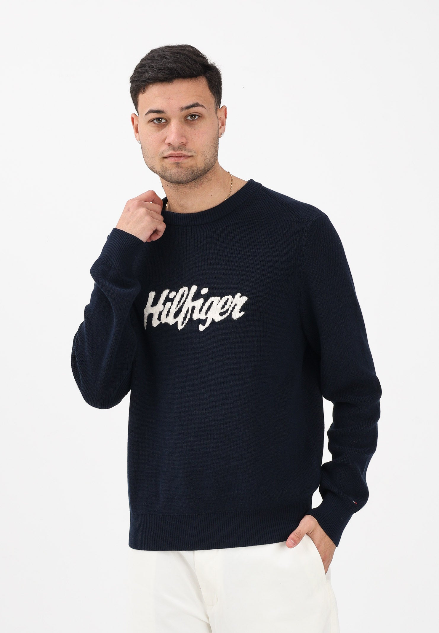 TOMMY HILFIGER Maglioncino girocollo blu da uomo con logo MW0MW41647 C1G TOMMY HILFIGER