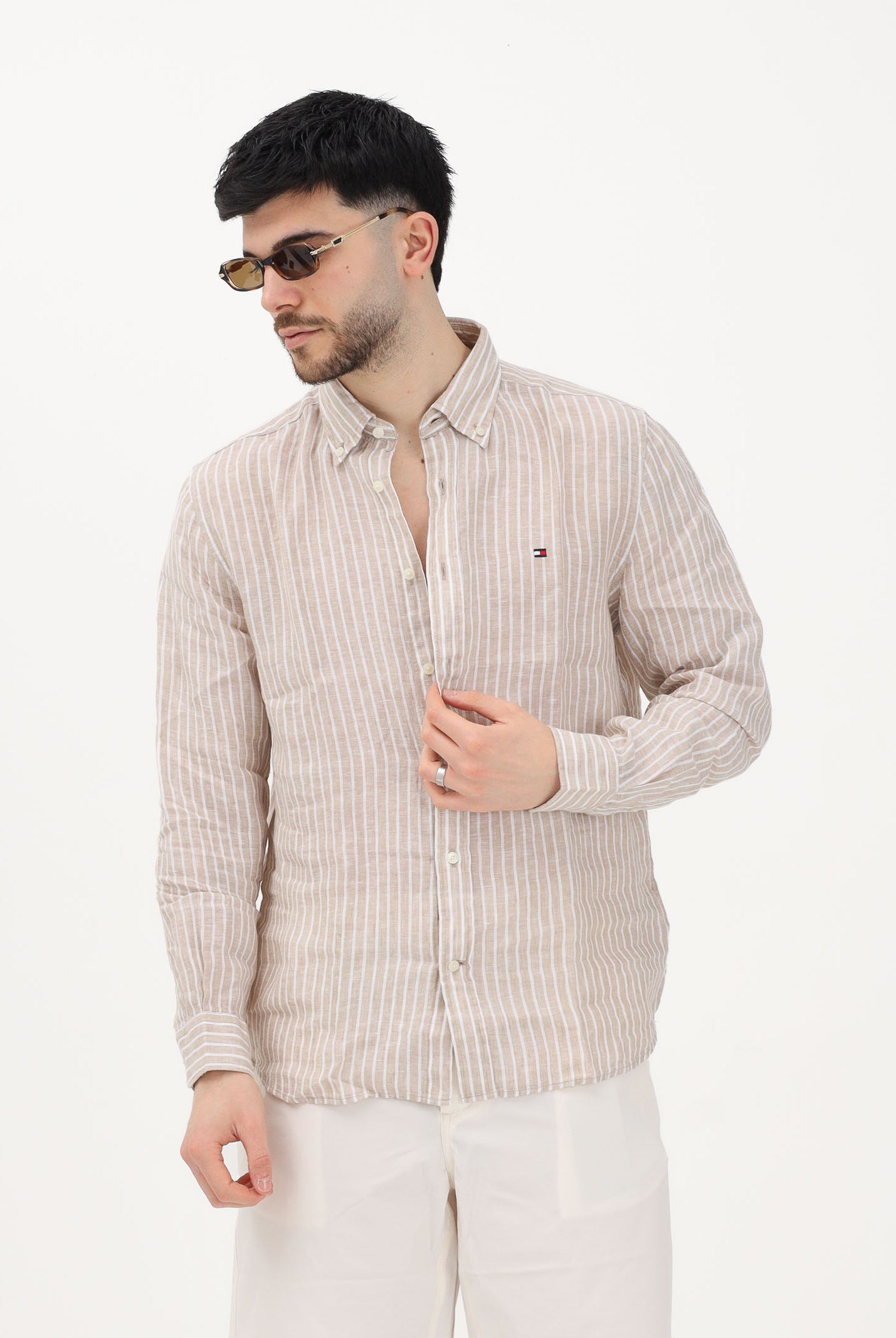 TOMMY HILFIGER Camicia a manica lunga beige da uomo con motivo a righe MW0MW42400 0BK TOMMY HILFIGER