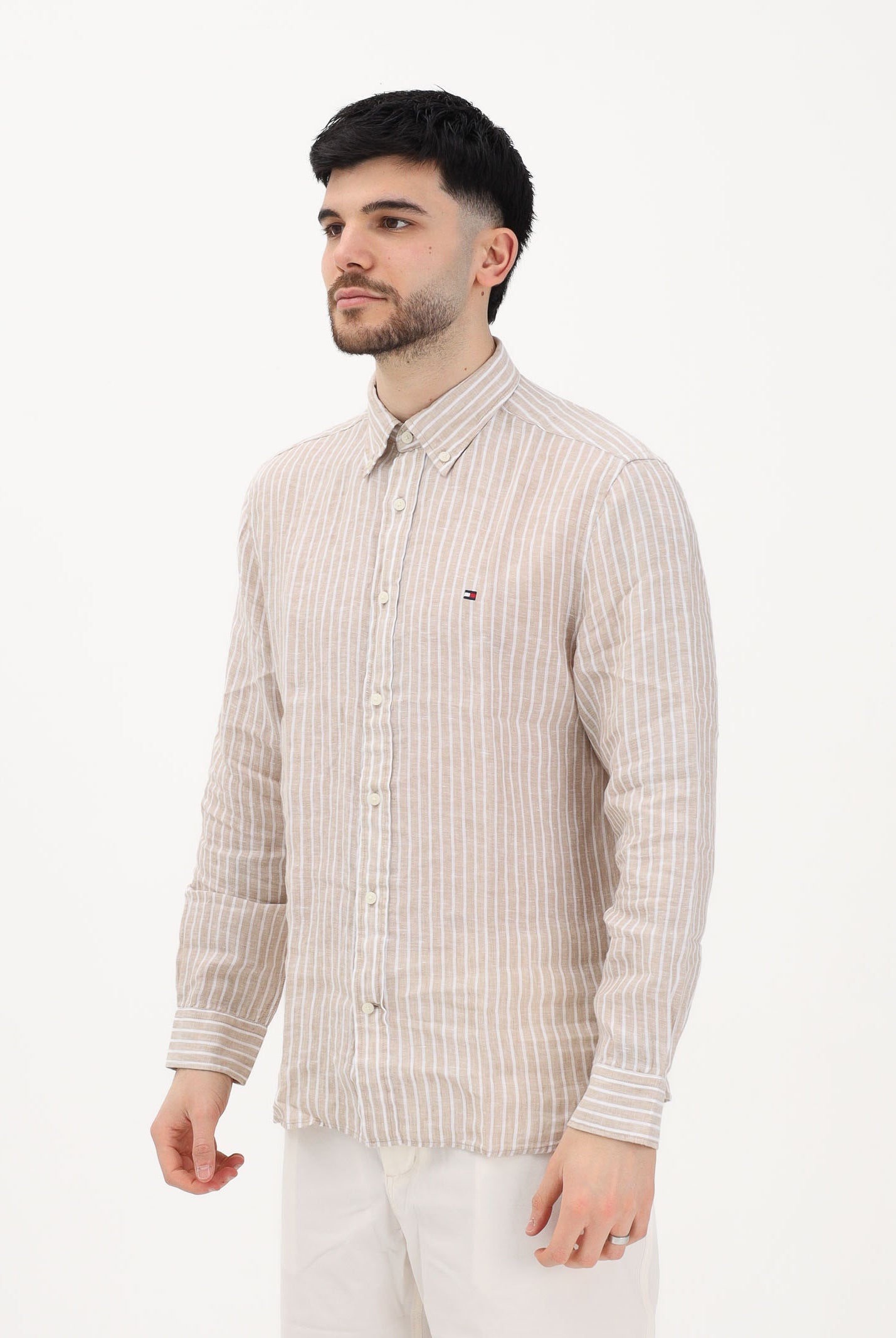 TOMMY HILFIGER Camicia a manica lunga beige da uomo con motivo a righe MW0MW42400 0BK TOMMY HILFIGER