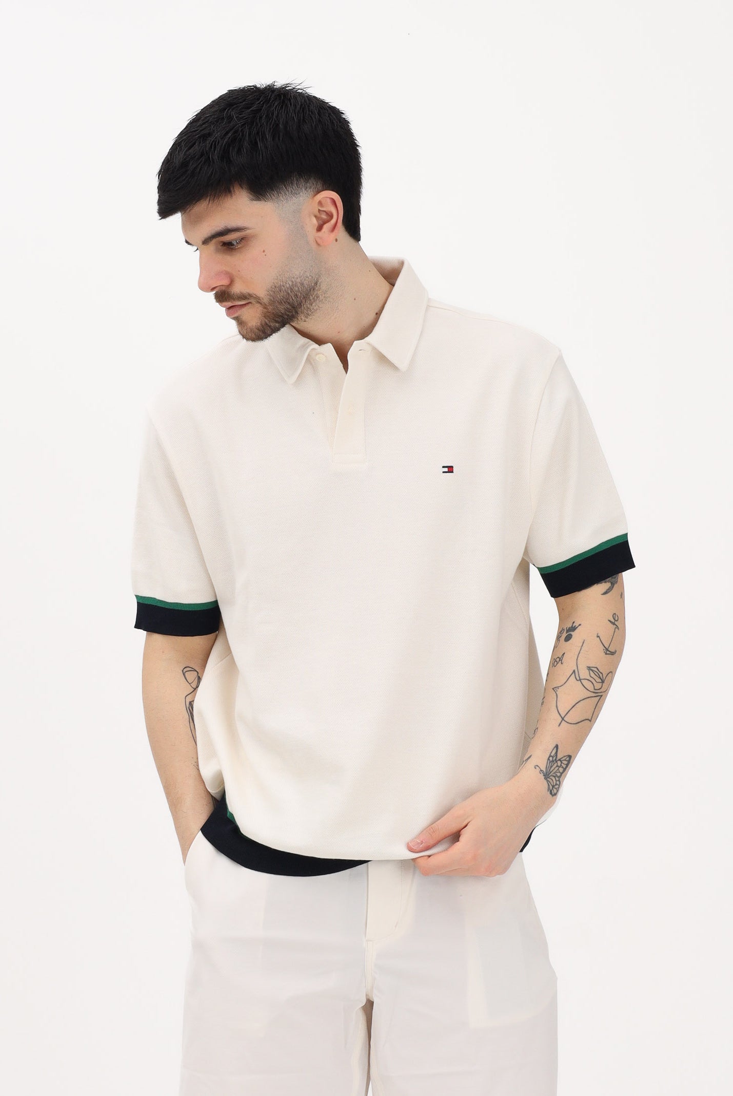 TOMMY HILFIGER Polo a manica corta panna da uomo con profili a contrasto MW0MW42767 Z00 TOMMY HILFIGER