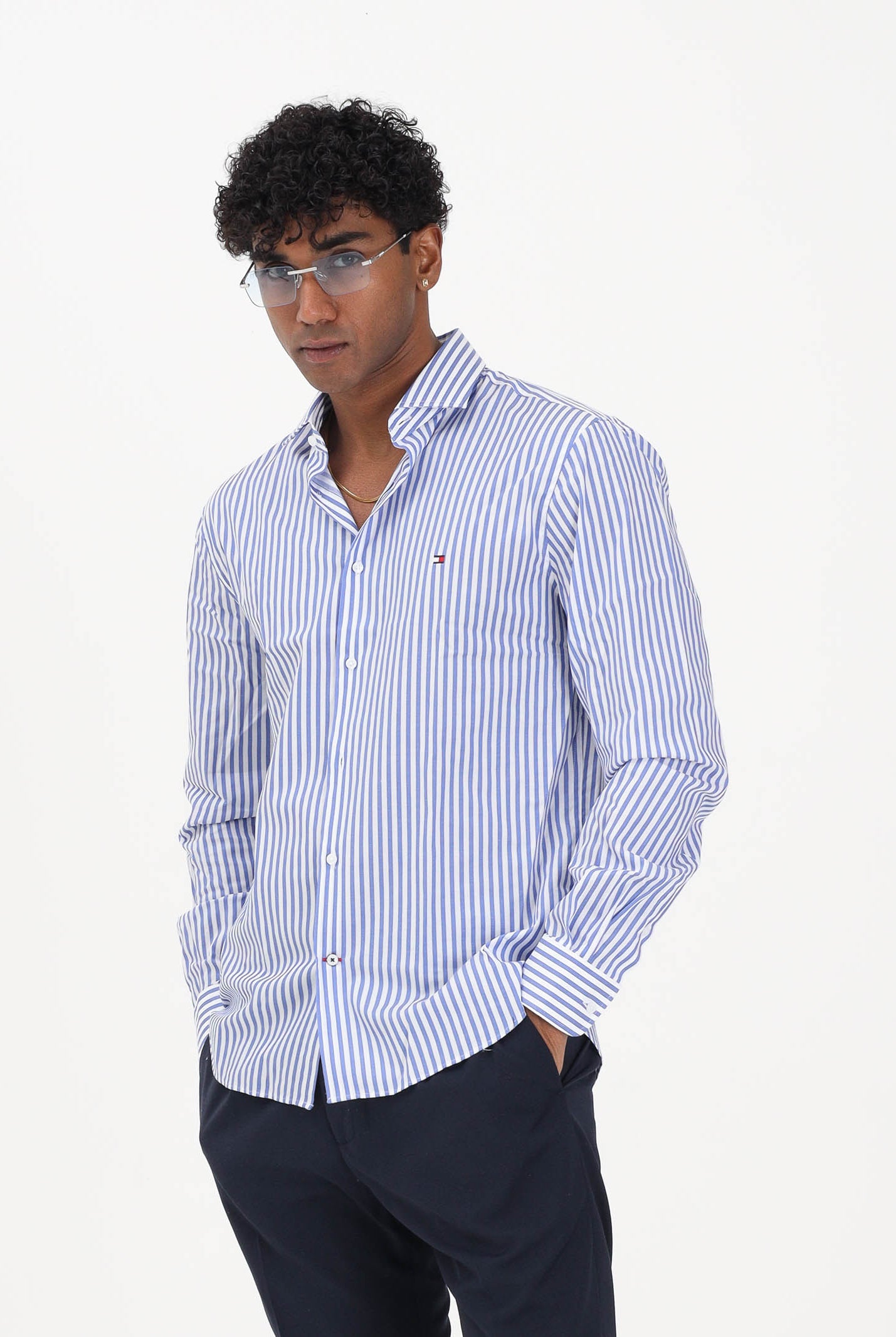 TOMMY HILFIGER Camicia a manica lunga Bengal blu e bianca da uomo MW0MW42928 C7F TOMMY HILFIGER