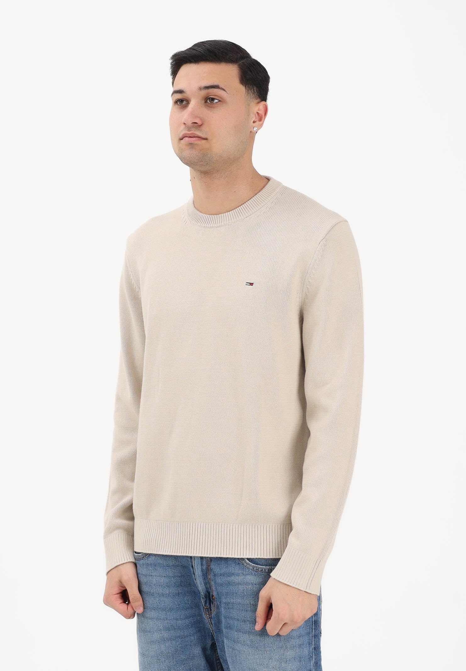 TOMMY JEANS Maglioncino girocollo beige da uomo con logo DM0DM21787 ABY TOMMY JEANS