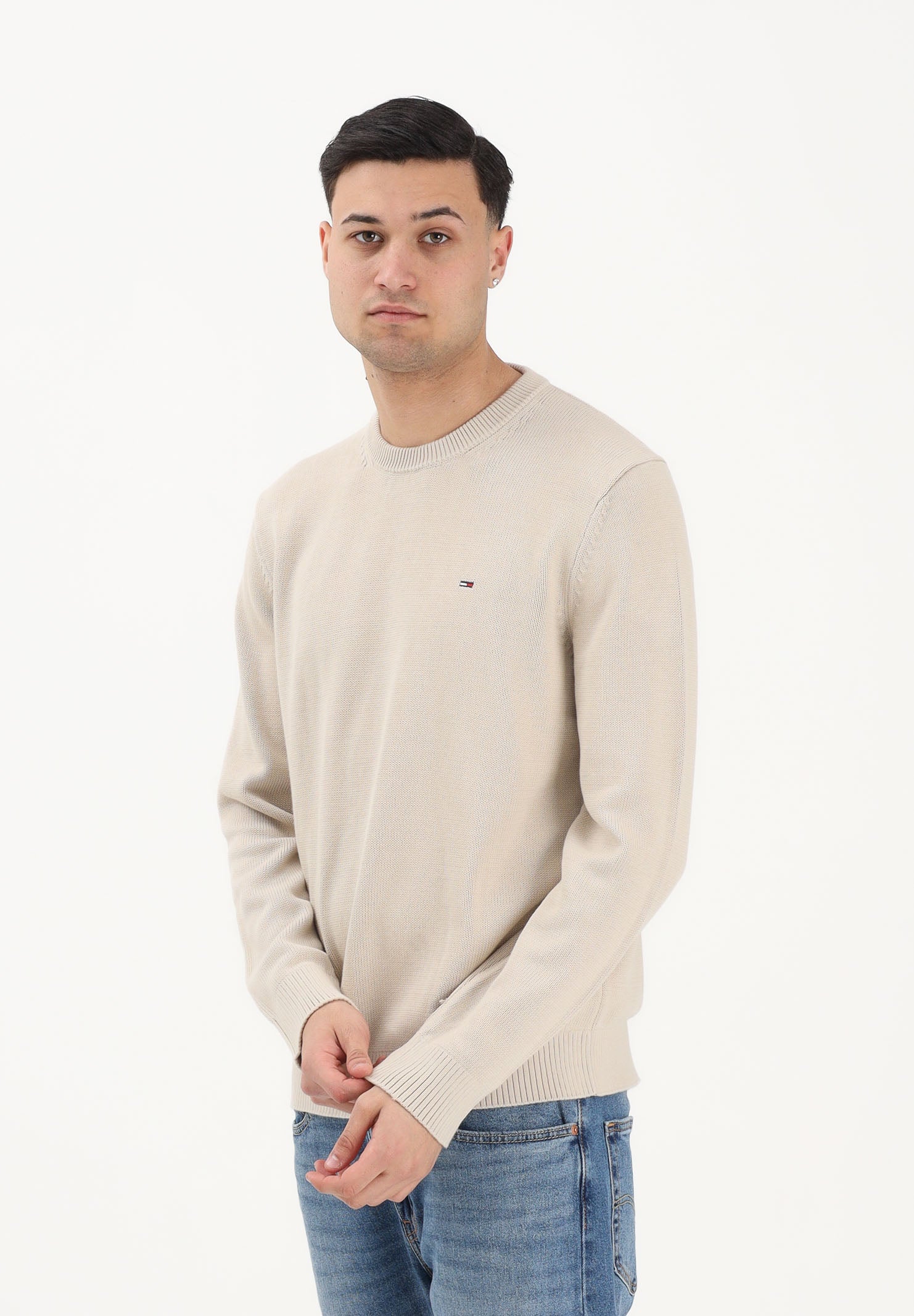 TOMMY JEANS Maglioncino girocollo beige da uomo con logo DM0DM21787 ABY TOMMY JEANS