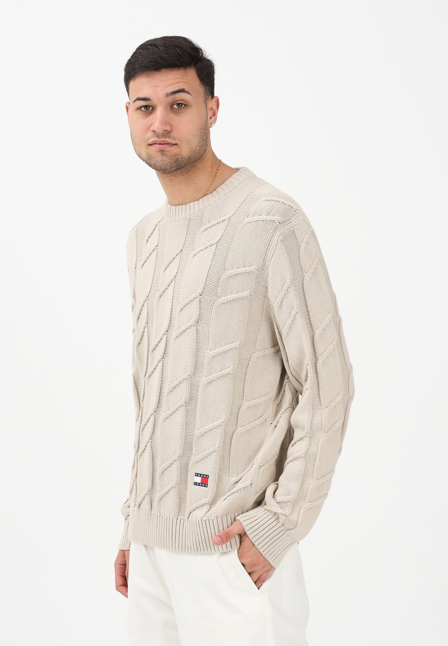 TOMMY JEANS Maglioncino girocollo beige da uomo con lavorazione intrecciata DM0DM22355 ABY TOMMY JEANS