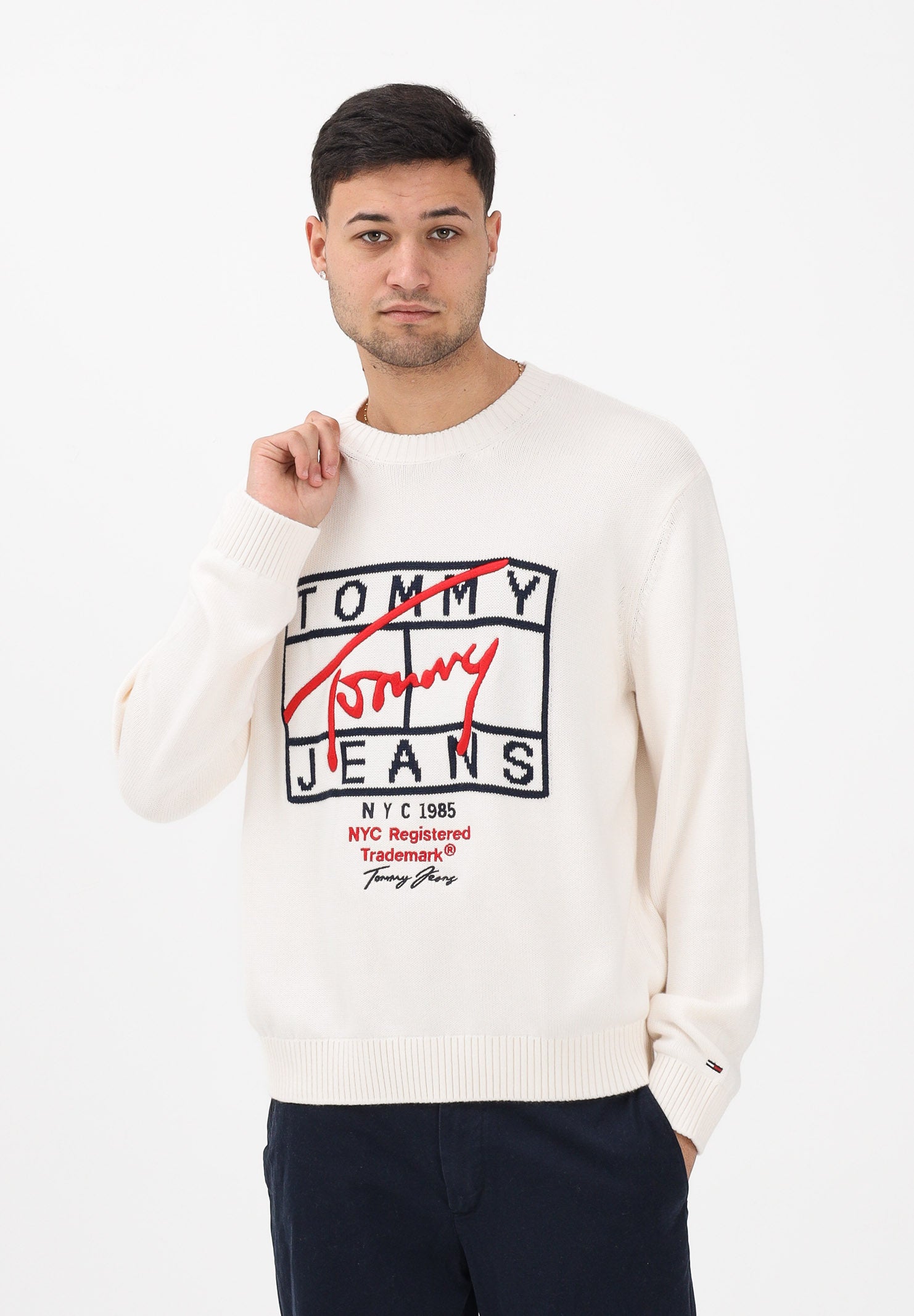 TOMMY JEANS Maglioncino girocollo panna da uomo con logo DM0DM22401 YBH TOMMY JEANS