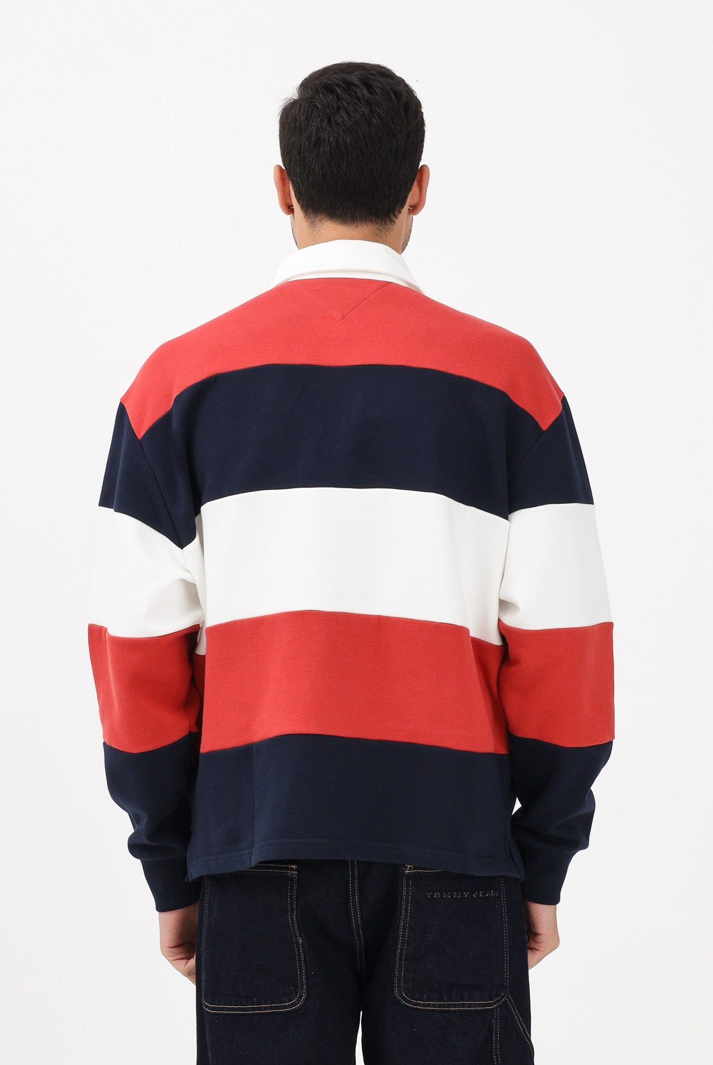 TOMMY JEANS Felpa stile polo da uomo con motivo a righe nei toni del rosso, panna e blu DM0DM22727 0A4 TOMMY JEANS