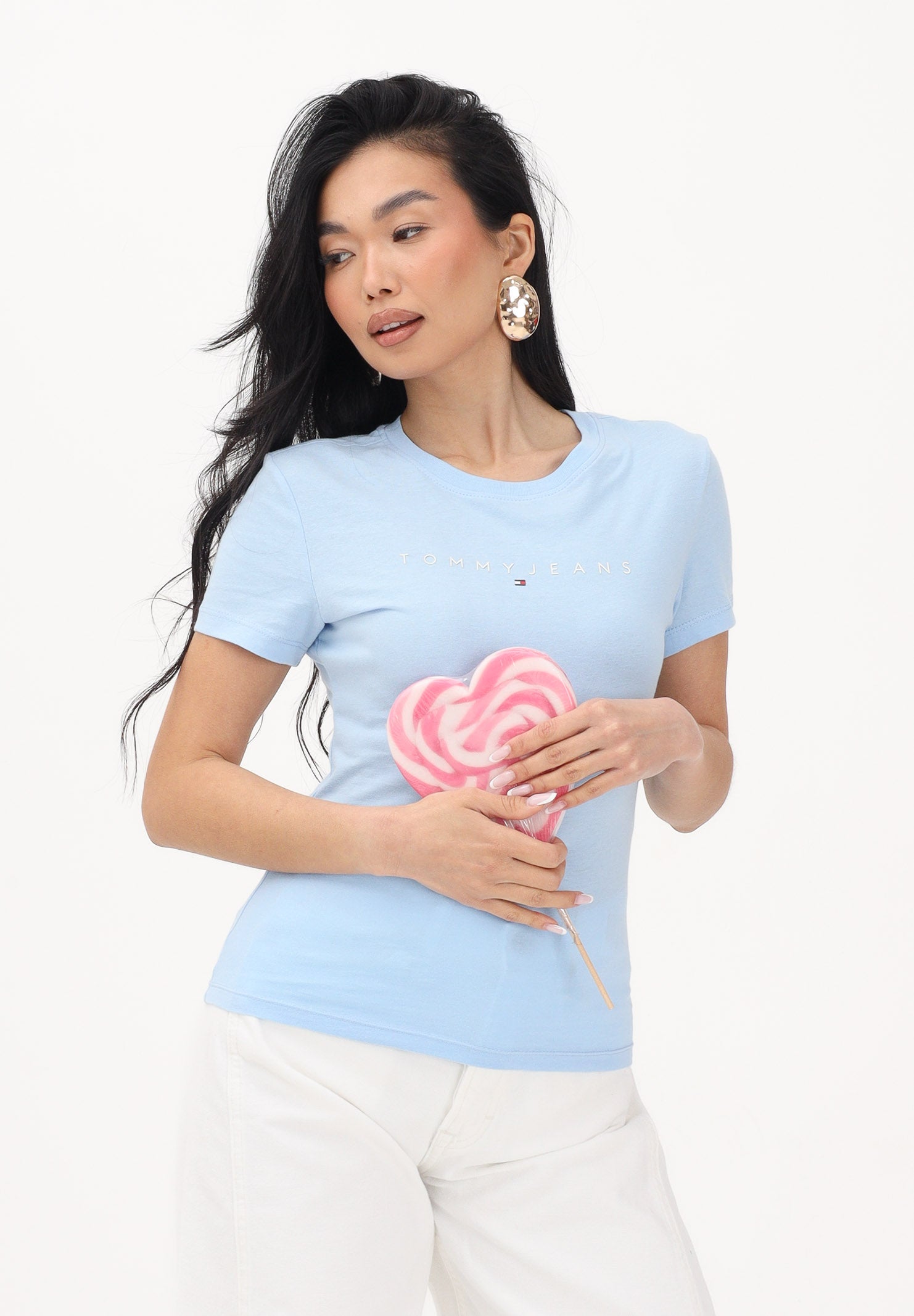 TOMMY JEANS T-shirt a manica corta azzurra da donna con logo DW0DW18398 C1T TOMMY JEANS