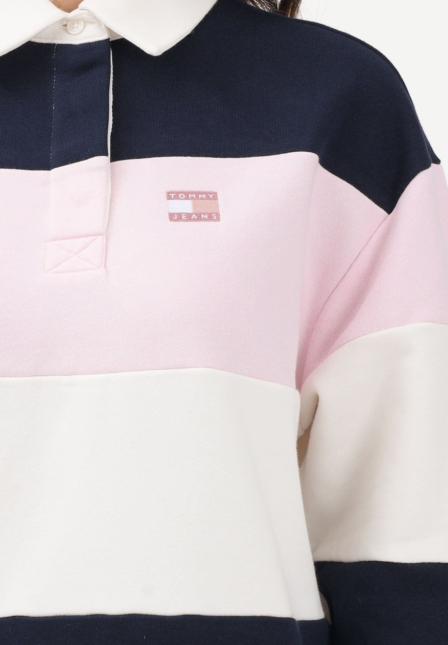 TOMMY JEANS Felpa stile polo da donna con motivo a righe blu, rosa e panna DW0DW21927 TOG TOMMY JEANS