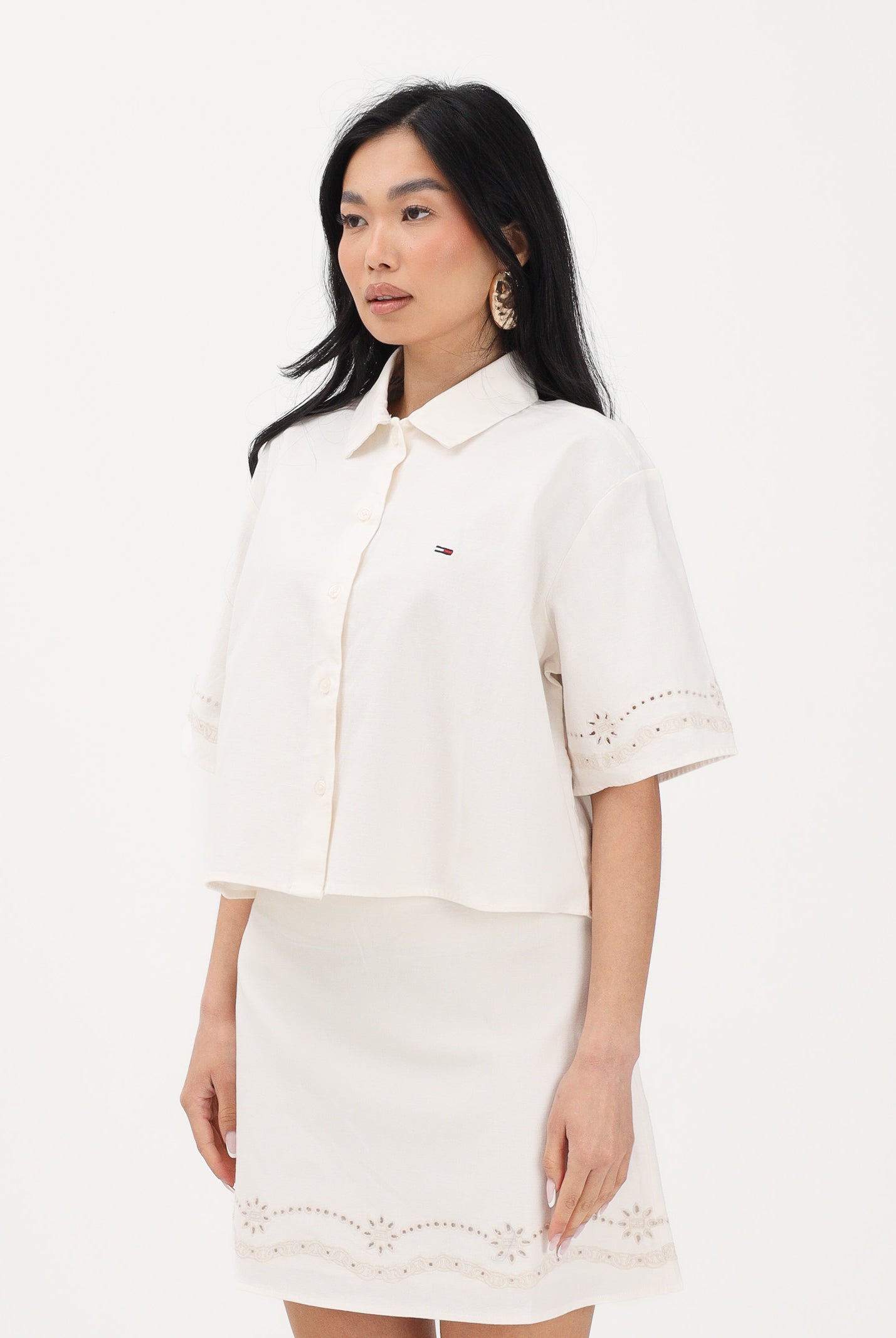 TOMMY JEANS Camicia a manica corta panna da donna con ricamo logo DW0DW22214 YBH TOMMY JEANS
