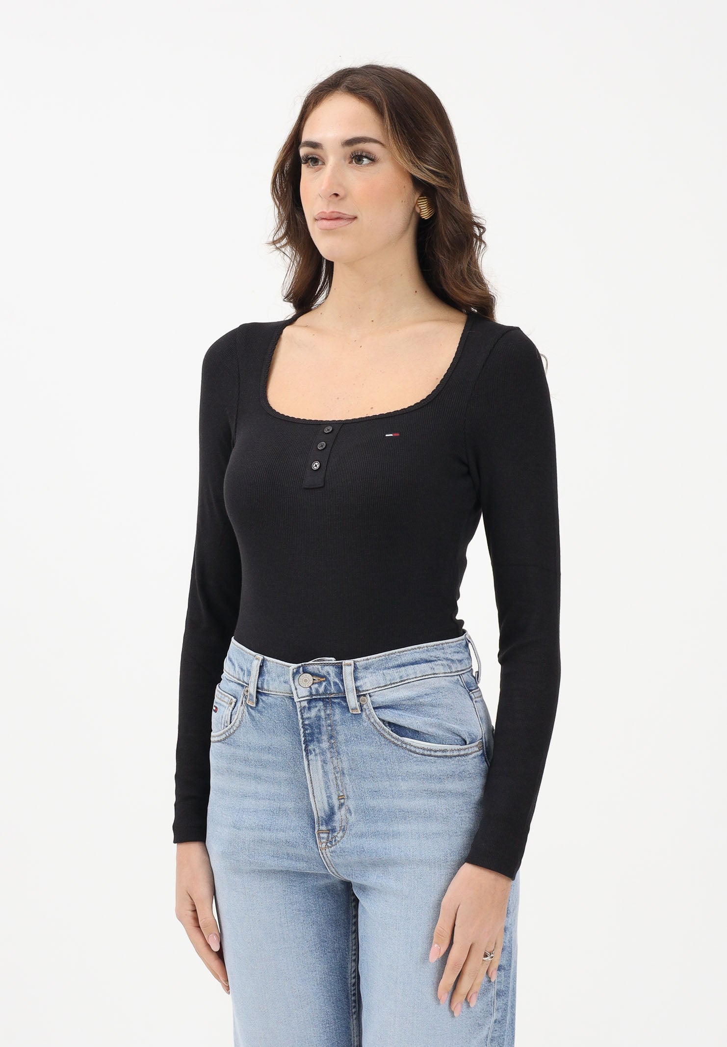 TOMMY JEANS Body a manica lunga nero da donna con logo DW0DW22533 BDS TOMMY JEANS