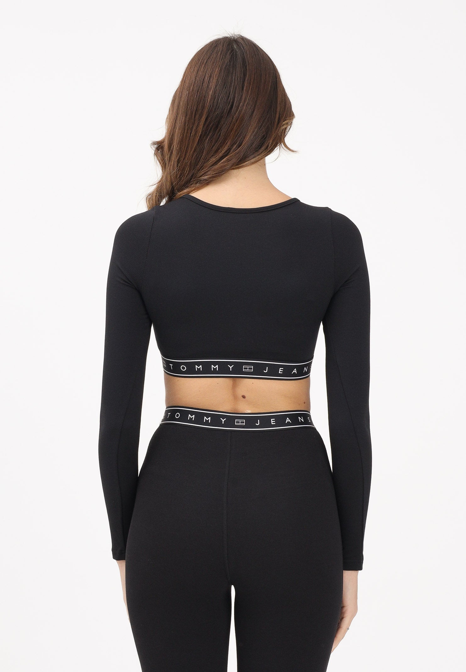 TOMMY JEANS Top a manica lunga nera da donna con fascia logata DW0DW22538 BDS TOMMY JEANS