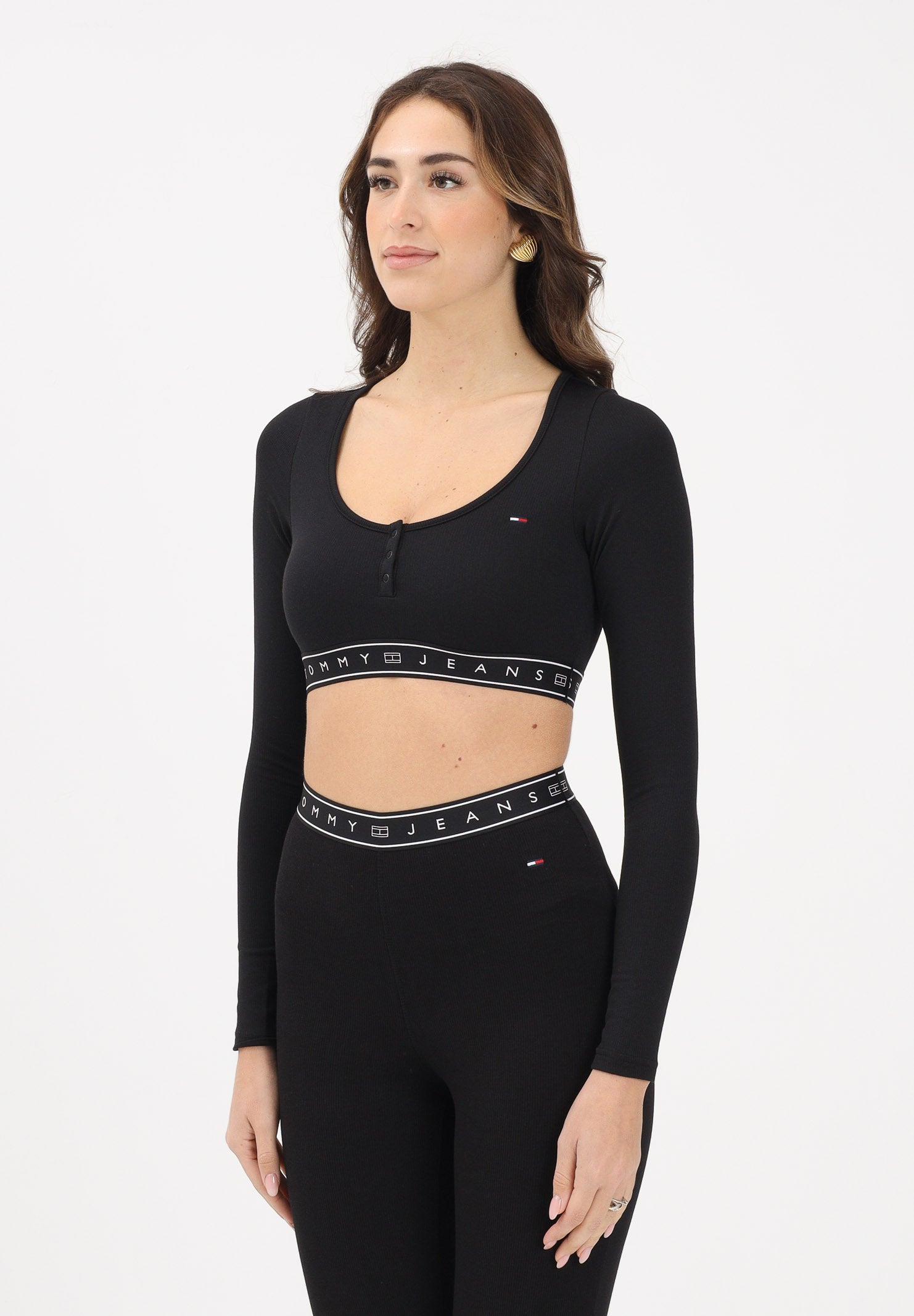 TOMMY JEANS Top a manica lunga nera da donna con fascia logata DW0DW22538 BDS TOMMY JEANS