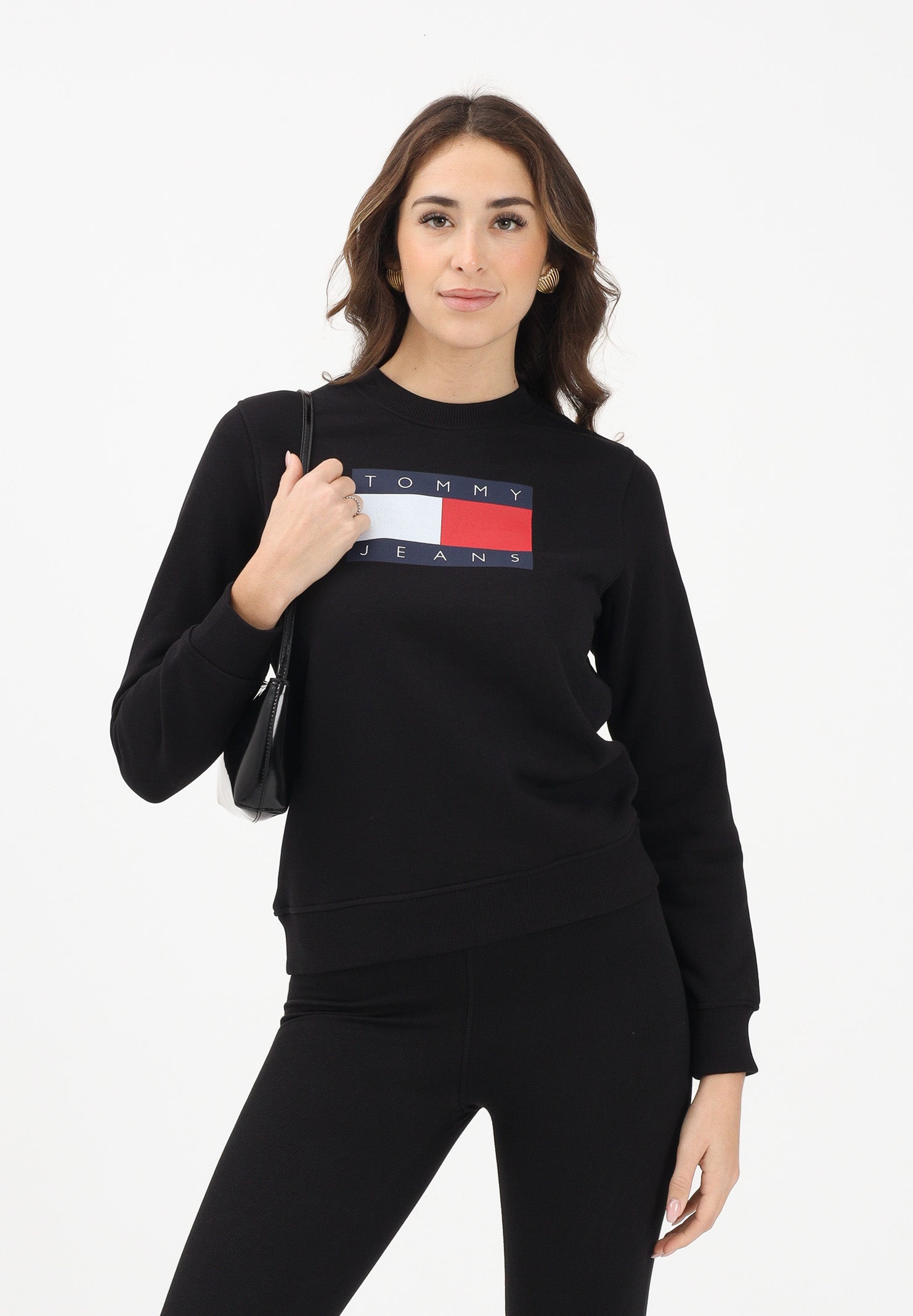 TOMMY JEANS Felpa girocollo nera da donna con stampa logo DW0DW22564 BDS TOMMY JEANS
