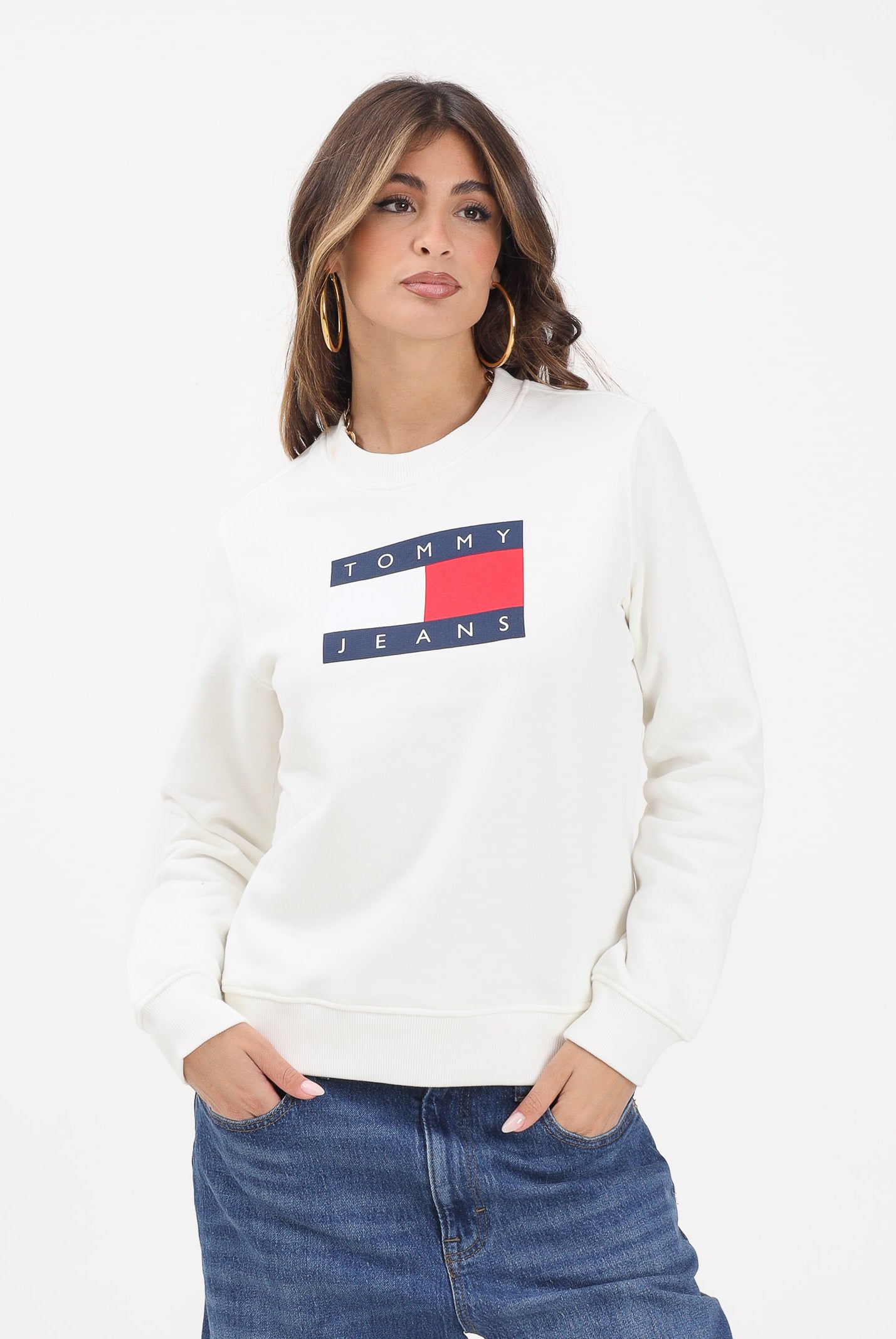 TOMMY JEANS Felpa girocollo bianca da donna con stampa logo DW0DW22564 YBL TOMMY JEANS