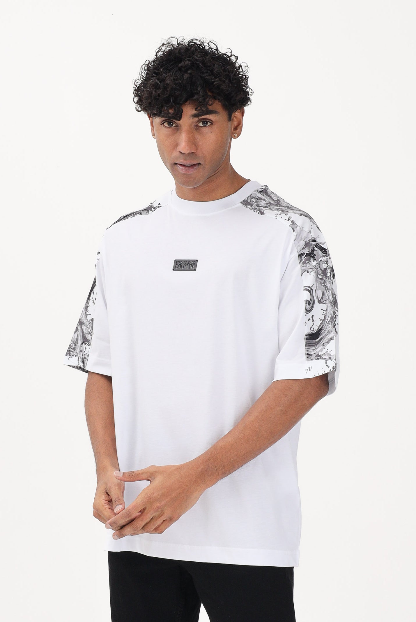 VERSACE JEANS COUTURE T-shirt a manica corta bianca da uomo con inserti con stampa Wave Couture 80GAH610JS543 U22 VERSACE JEANS COUTURE