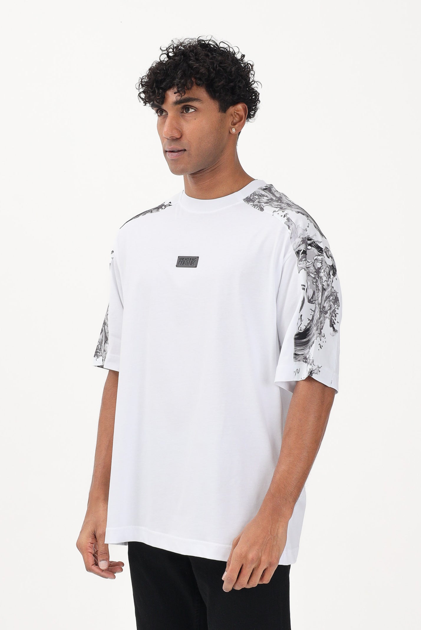 VERSACE JEANS COUTURE T-shirt a manica corta bianca da uomo con inserti con stampa Wave Couture 80GAH610JS543 U22 VERSACE JEANS COUTURE