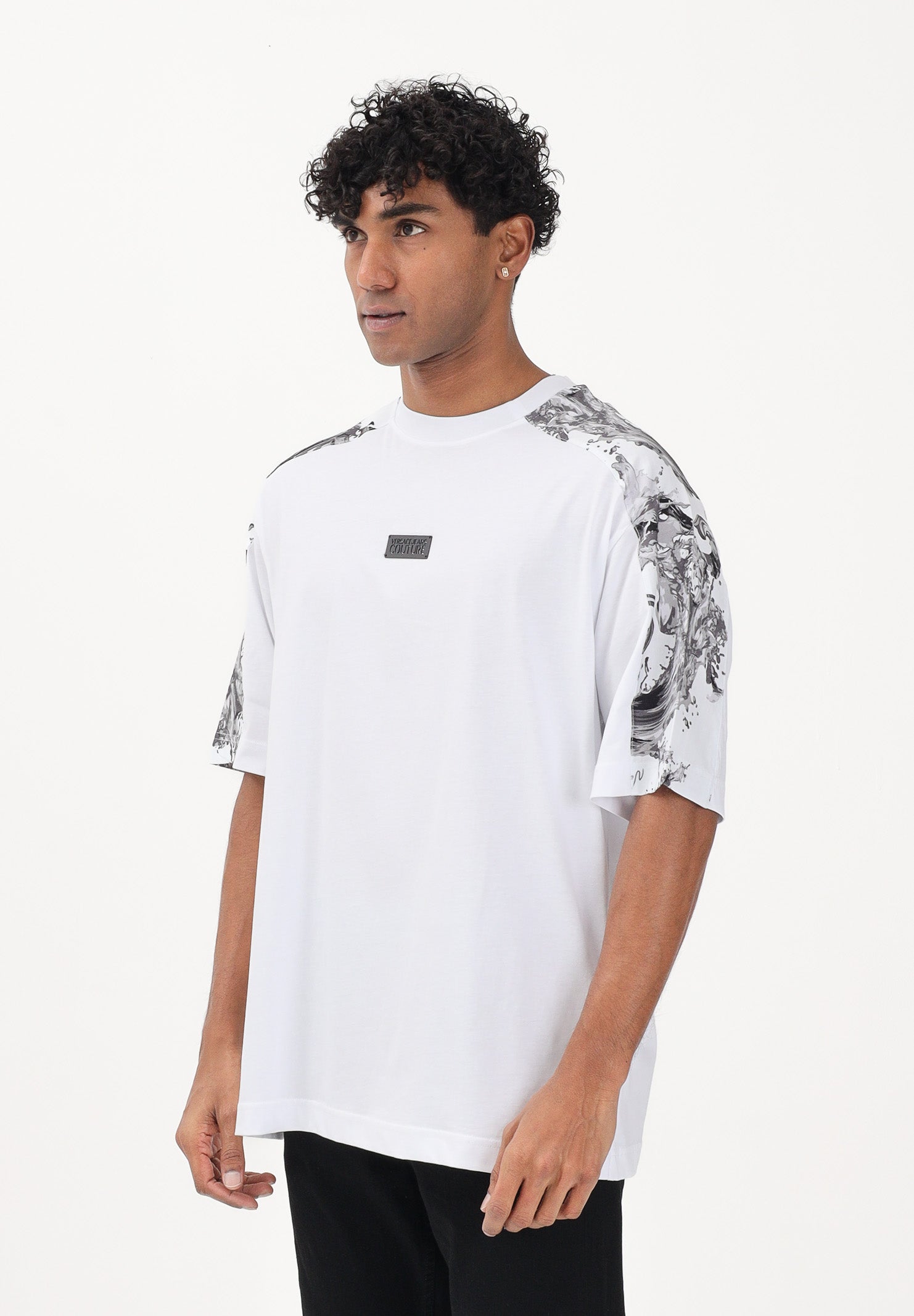 VERSACE JEANS COUTURE T-shirt a manica corta bianca da uomo con inserti con stampa Wave Couture 80GAH610JS543 U22 VERSACE JEANS COUTURE