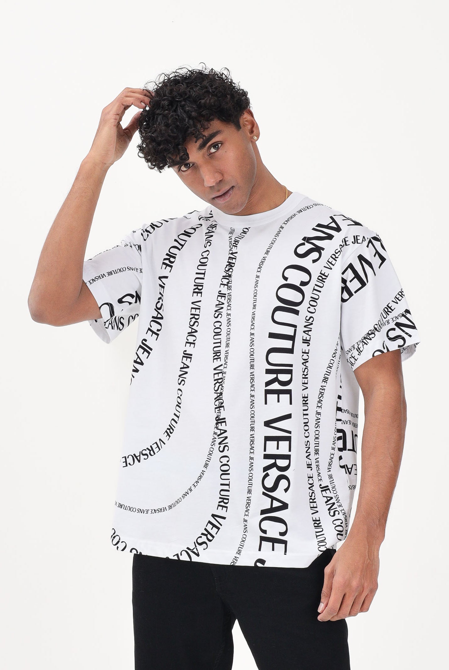 VERSACE JEANS COUTURE T-shirt a manica corta bianca da uomo con stampa Logomania 80GAH6R0JS555 L02 VERSACE JEANS COUTURE