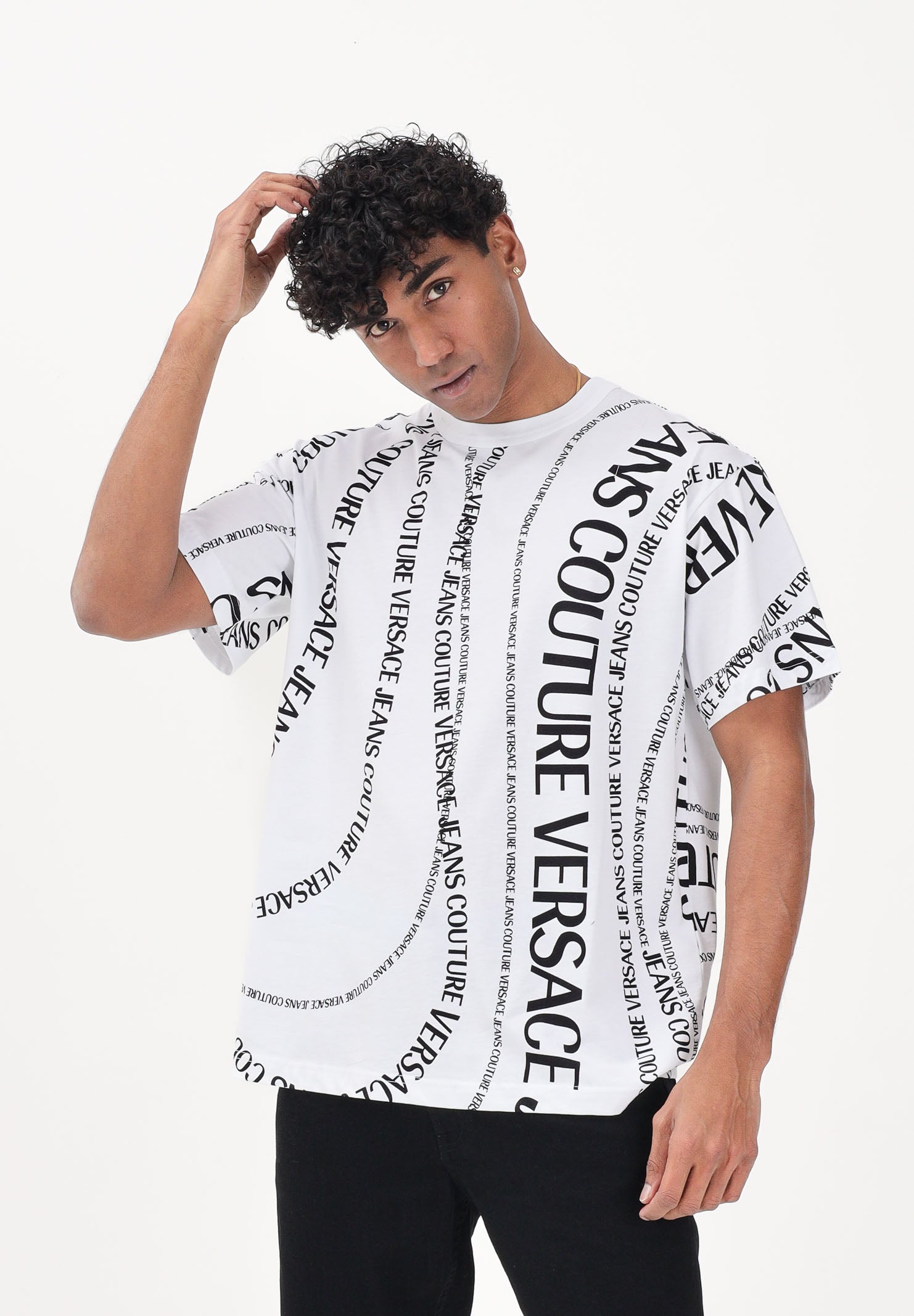 VERSACE JEANS COUTURE T-shirt a manica corta bianca da uomo con stampa Logomania 80GAH6R0JS555 L02 VERSACE JEANS COUTURE