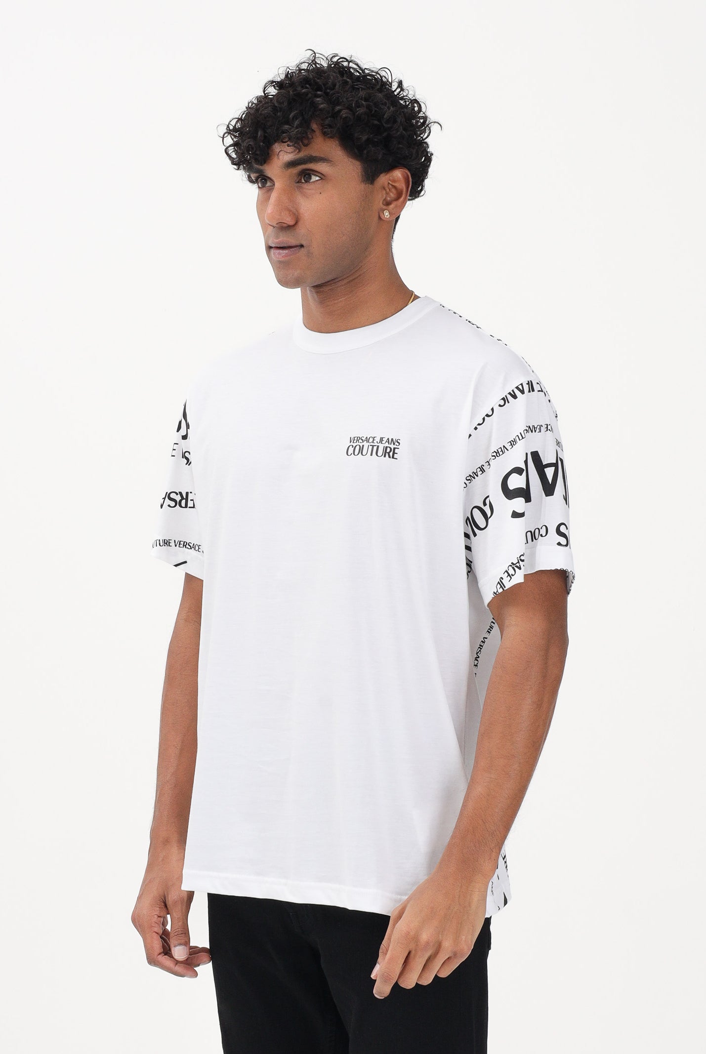 VERSACE JEANS COUTURE T-shirt a manica corta bianca da uomo con stampa Logomania su maniche e retro 80GAH6R1JS555 L02 VERSACE JEANS COUTURE