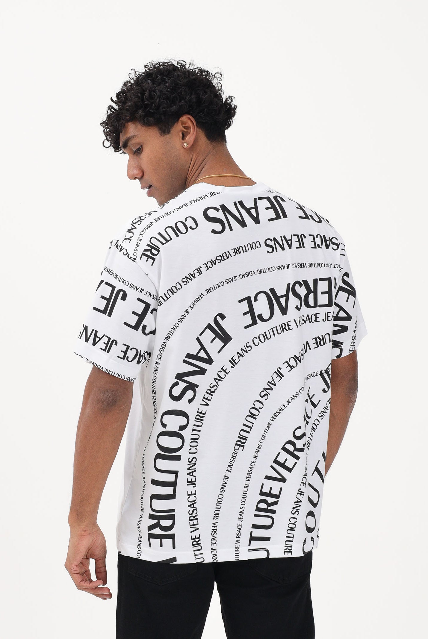 VERSACE JEANS COUTURE T-shirt a manica corta bianca da uomo con stampa Logomania su maniche e retro 80GAH6R1JS555 L02 VERSACE JEANS COUTURE