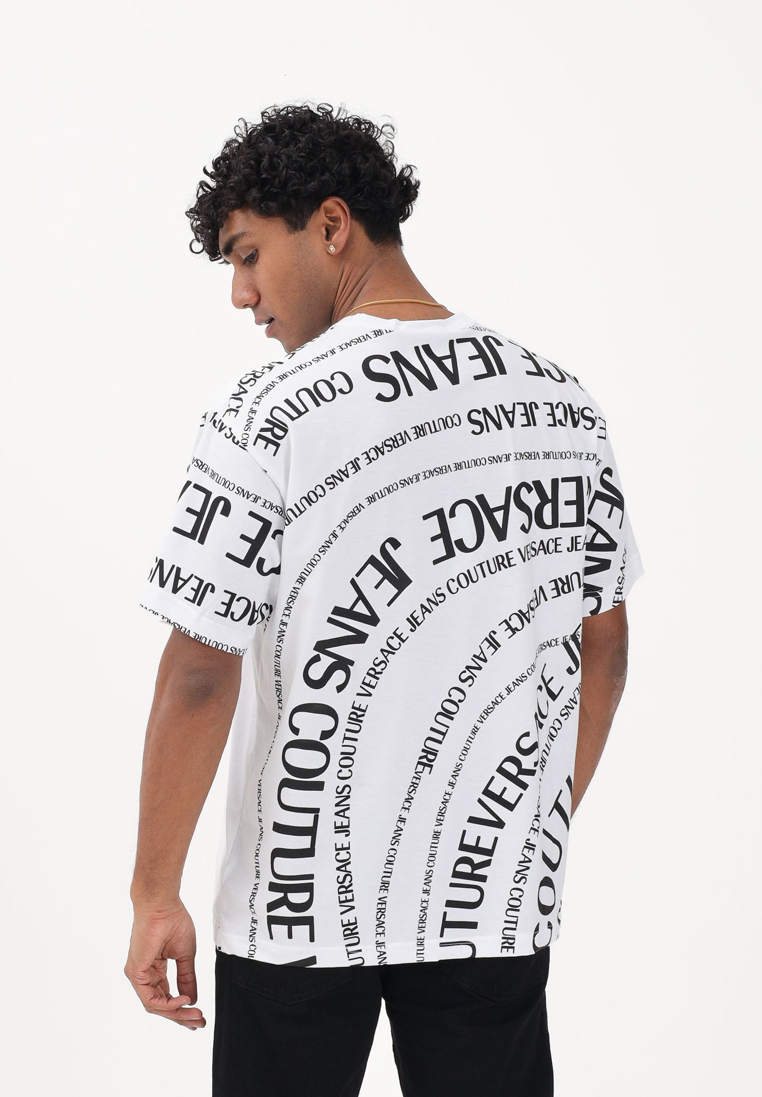 VERSACE JEANS COUTURE T-shirt a manica corta bianca da uomo con stampa Logomania su maniche e retro 80GAH6R1JS555 L02 VERSACE JEANS COUTURE