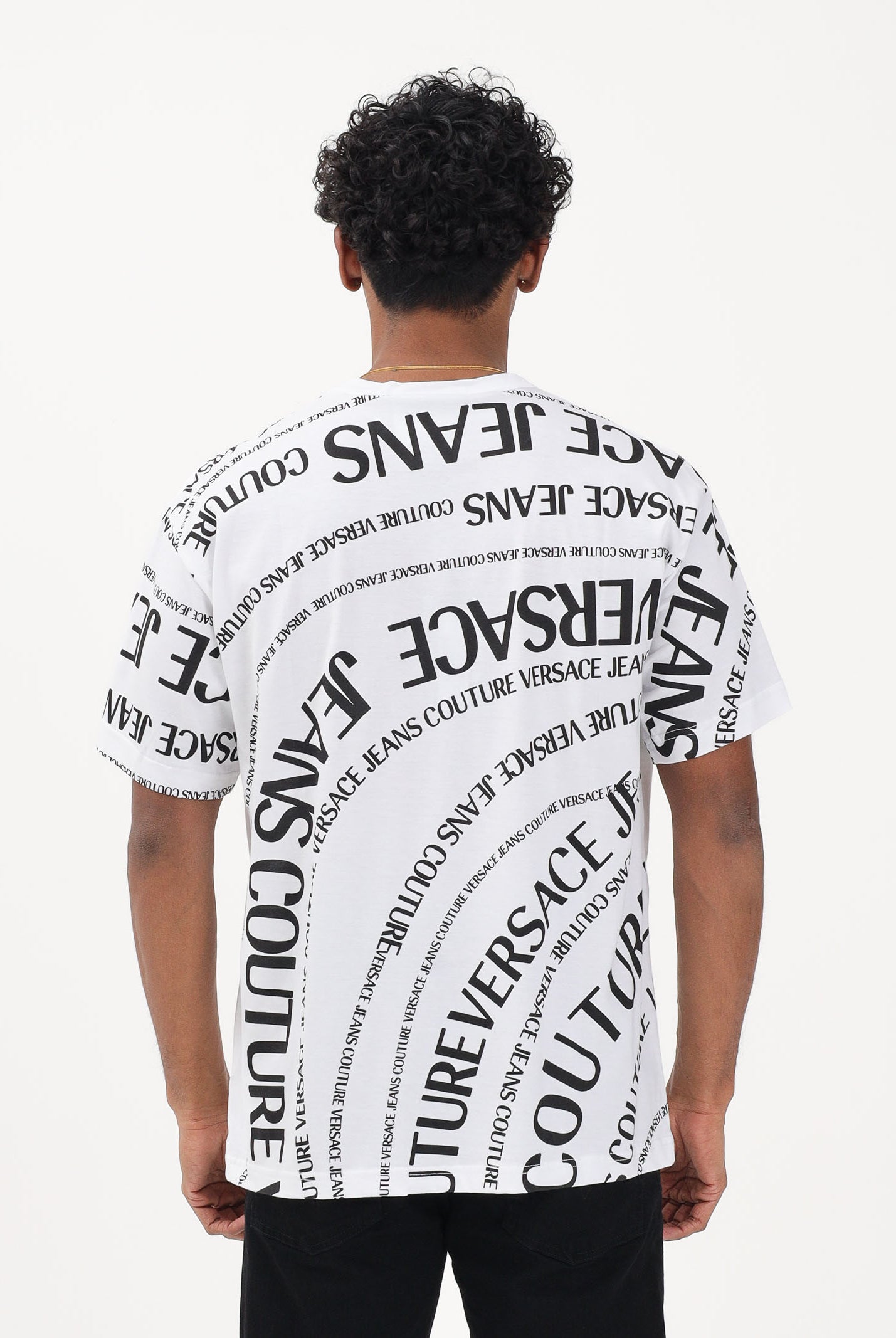 VERSACE JEANS COUTURE T-shirt a manica corta bianca da uomo con stampa Logomania su maniche e retro 80GAH6R1JS555 L02 VERSACE JEANS COUTURE