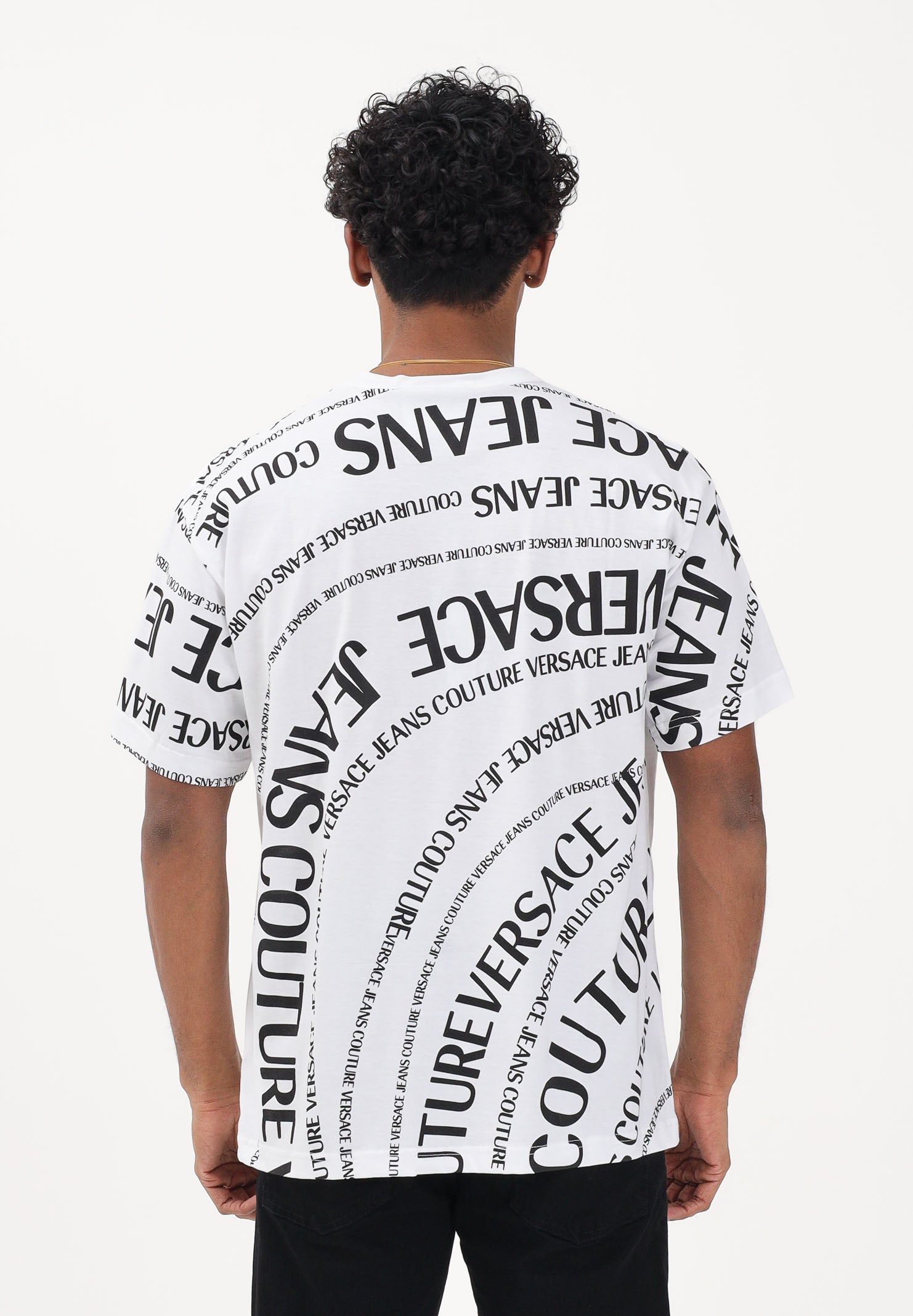 VERSACE JEANS COUTURE T-shirt a manica corta bianca da uomo con stampa Logomania su maniche e retro 80GAH6R1JS555 L02 VERSACE JEANS COUTURE