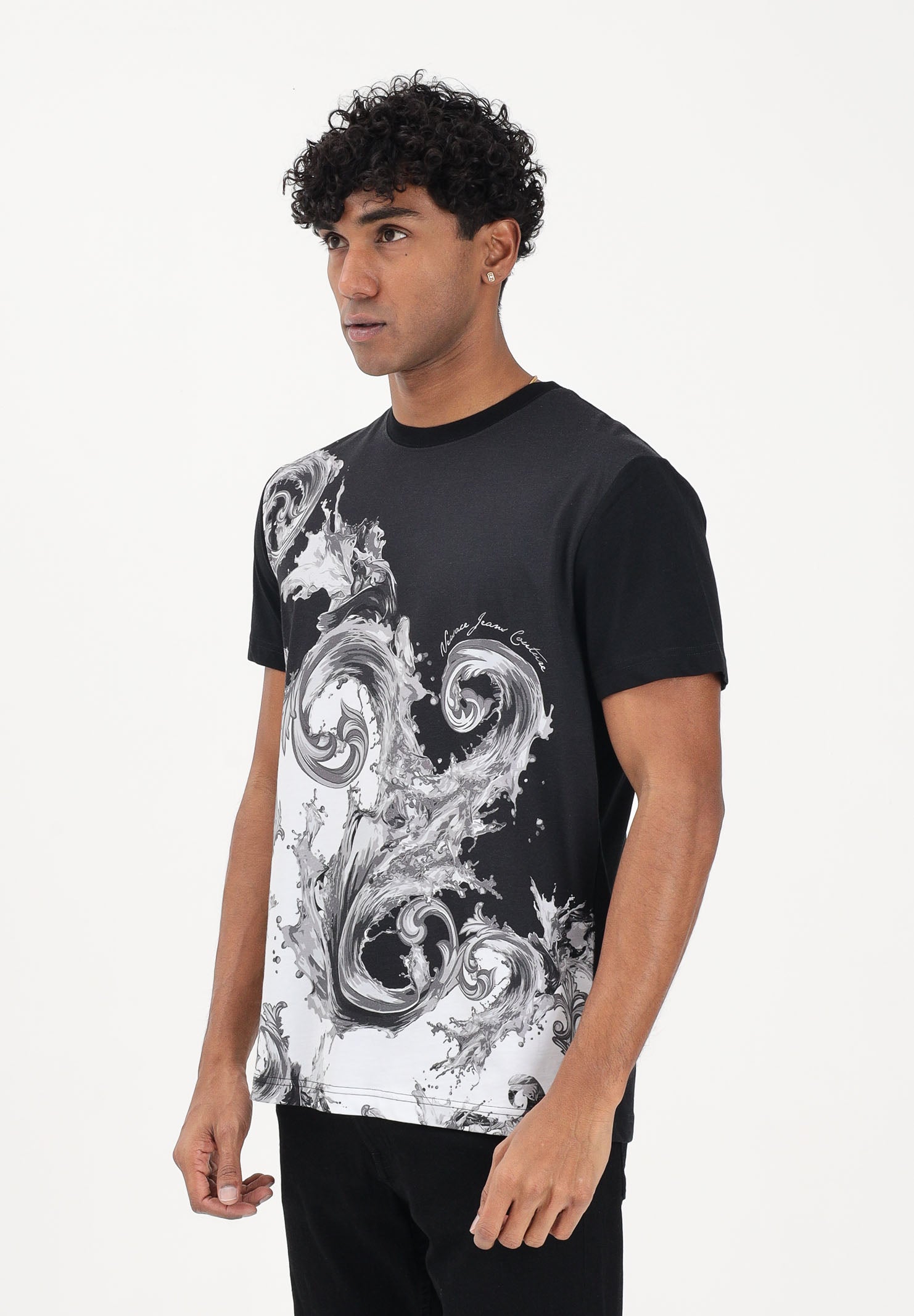 VERSACE JEANS COUTURE T-shirt a manica corta nera da uomo con stampa Wave Couture 80GAH6SBJS541 V22 VERSACE JEANS COUTURE