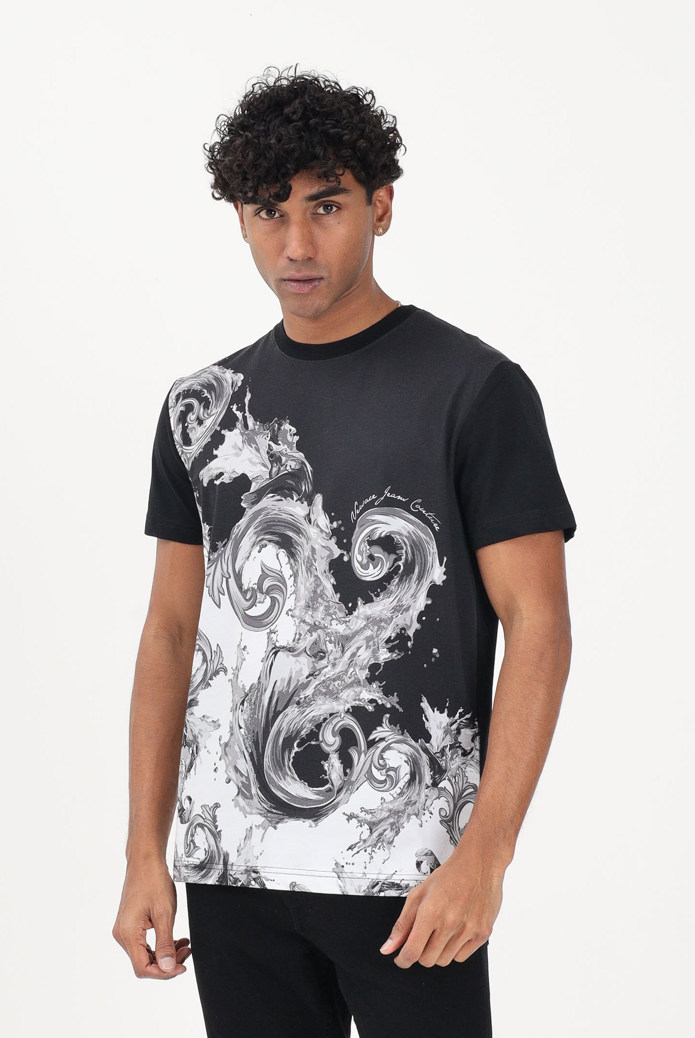 VERSACE JEANS COUTURE T-shirt a manica corta nera da uomo con stampa Wave Couture 80GAH6SBJS541 V22 VERSACE JEANS COUTURE
