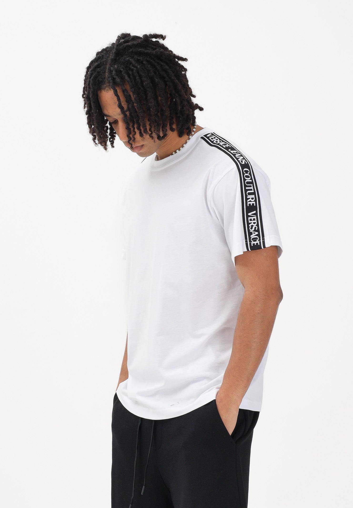 VERSACE JEANS COUTURE T-shirt a manica corta bianca da uomo con inserti logati 80GAHT16CJ00T 003 VERSACE JEANS COUTURE