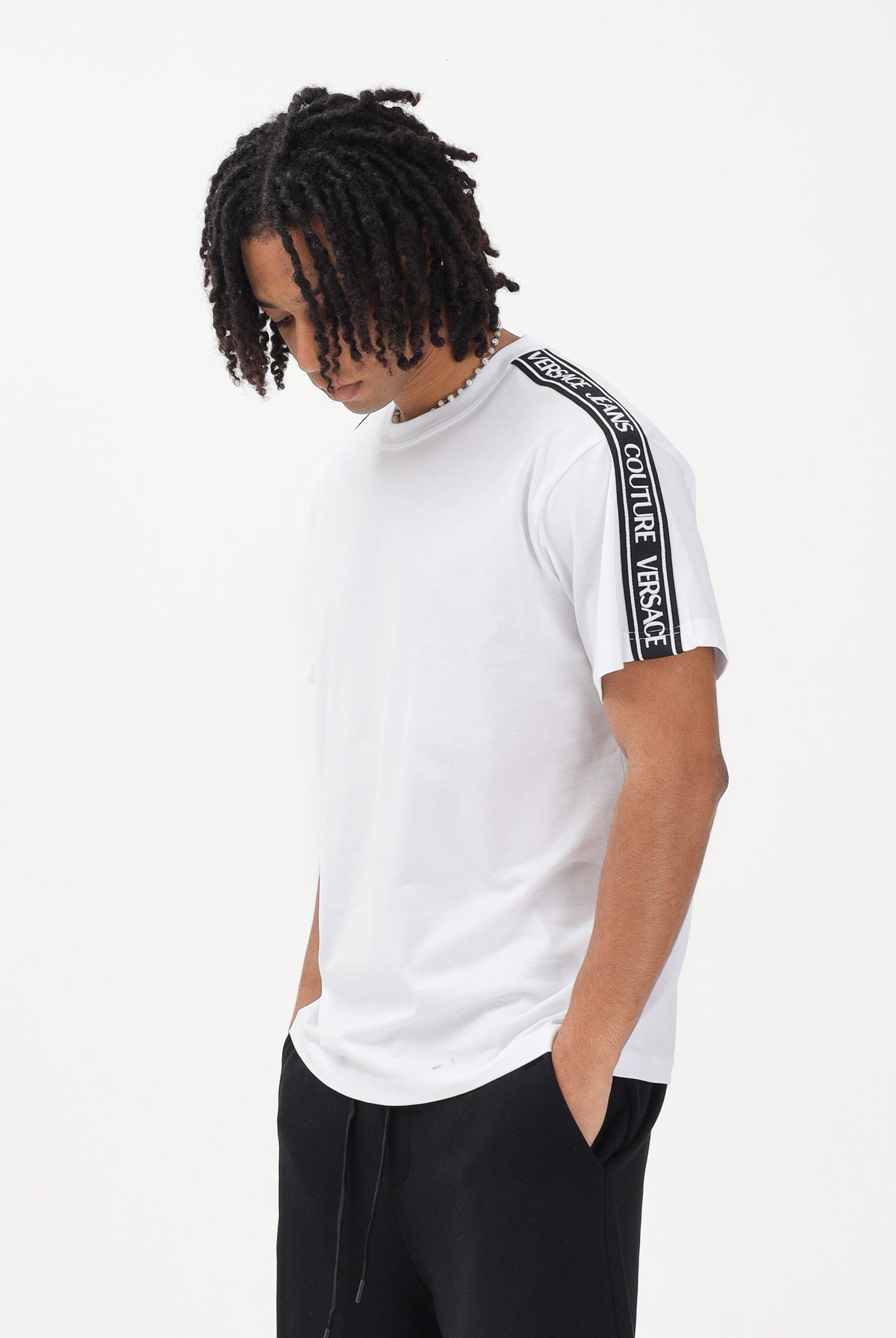 VERSACE JEANS COUTURE T-shirt a manica corta bianca da uomo con inserti logati 80GAHT16CJ00T 003 VERSACE JEANS COUTURE