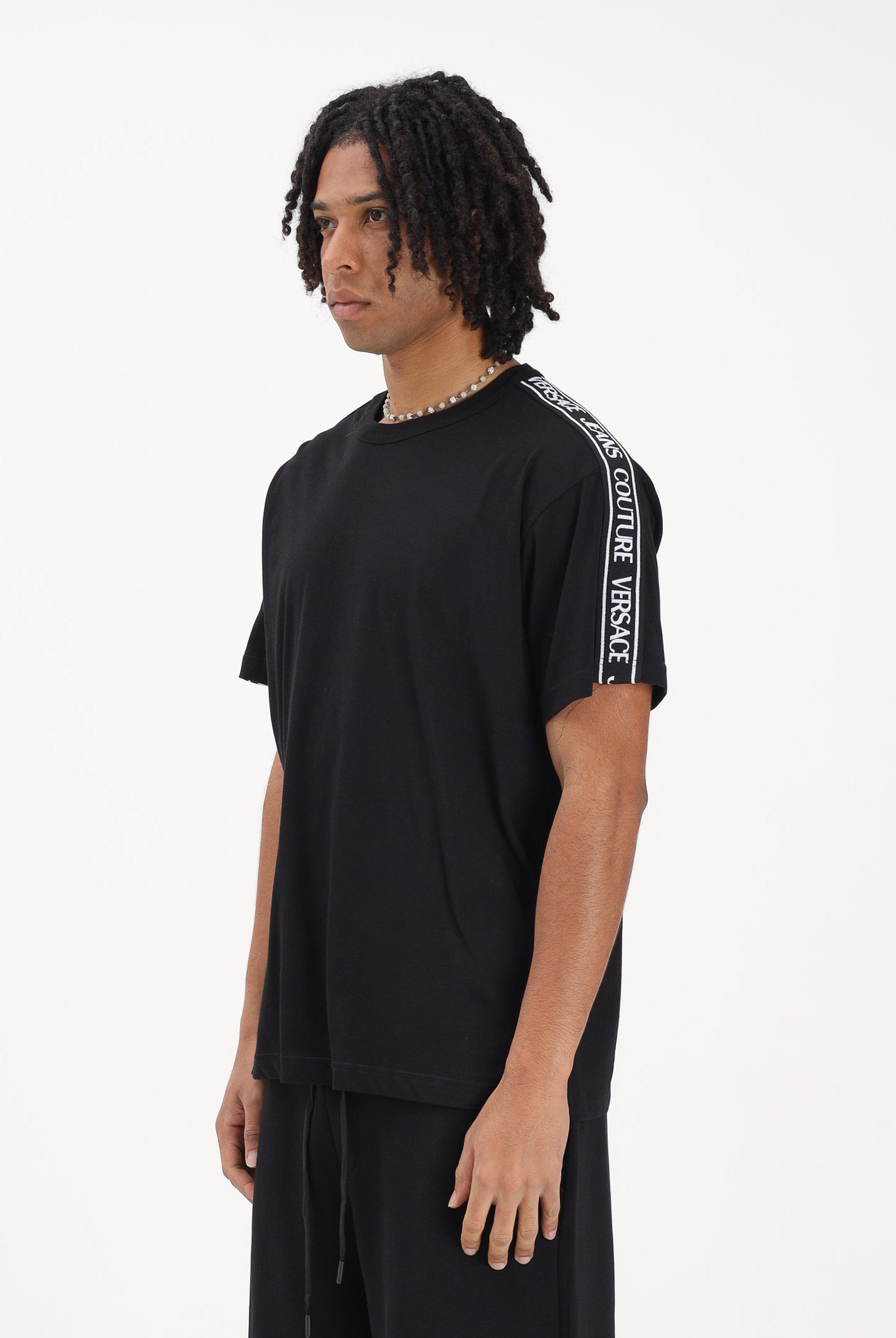 VERSACE JEANS COUTURE T-shirt a manica corta nera da uomo con inserti logati 80GAHT16CJ00T 899 VERSACE JEANS COUTURE